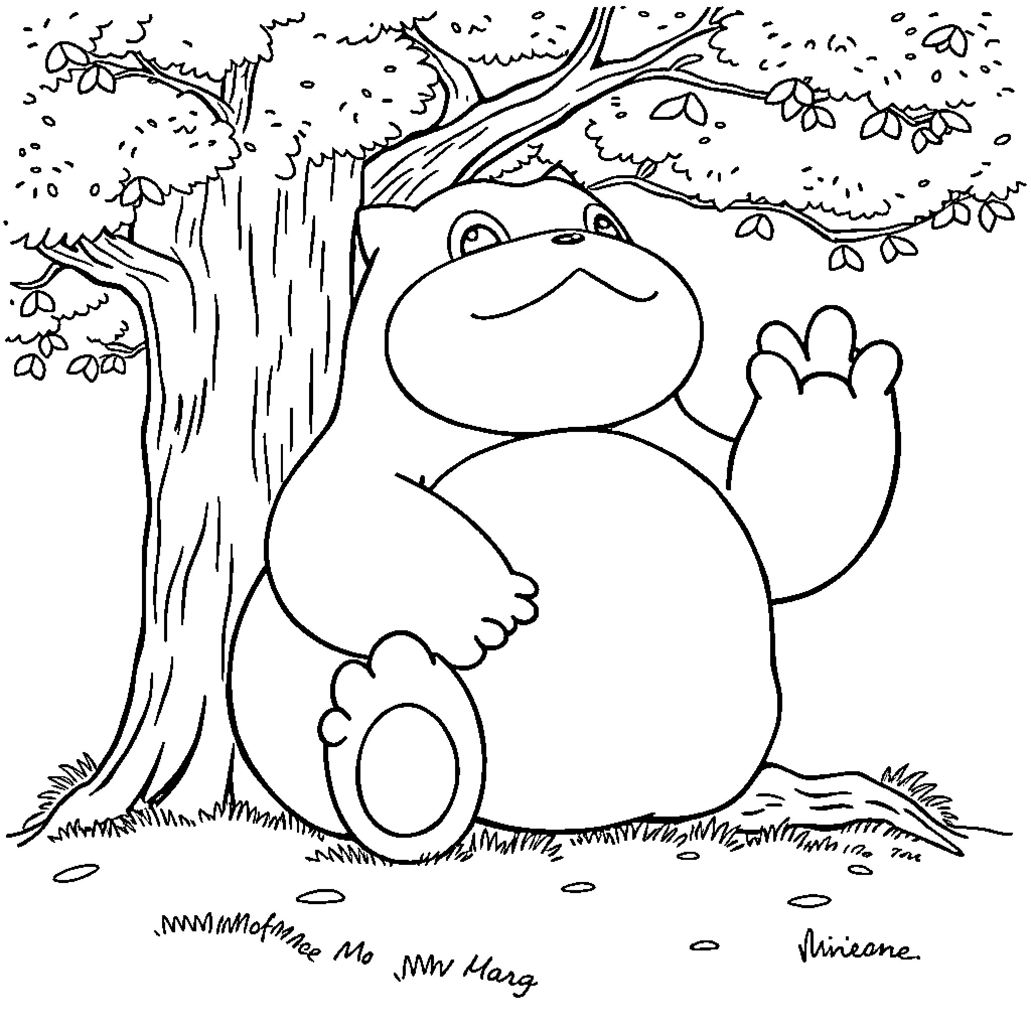 Snorlax enjoying the outdoors in a cozy forest Coloring Page (free black-and-white line drawing printable PDF for all, from beginners to advanced learners, including children, teens, adults, and seniors)