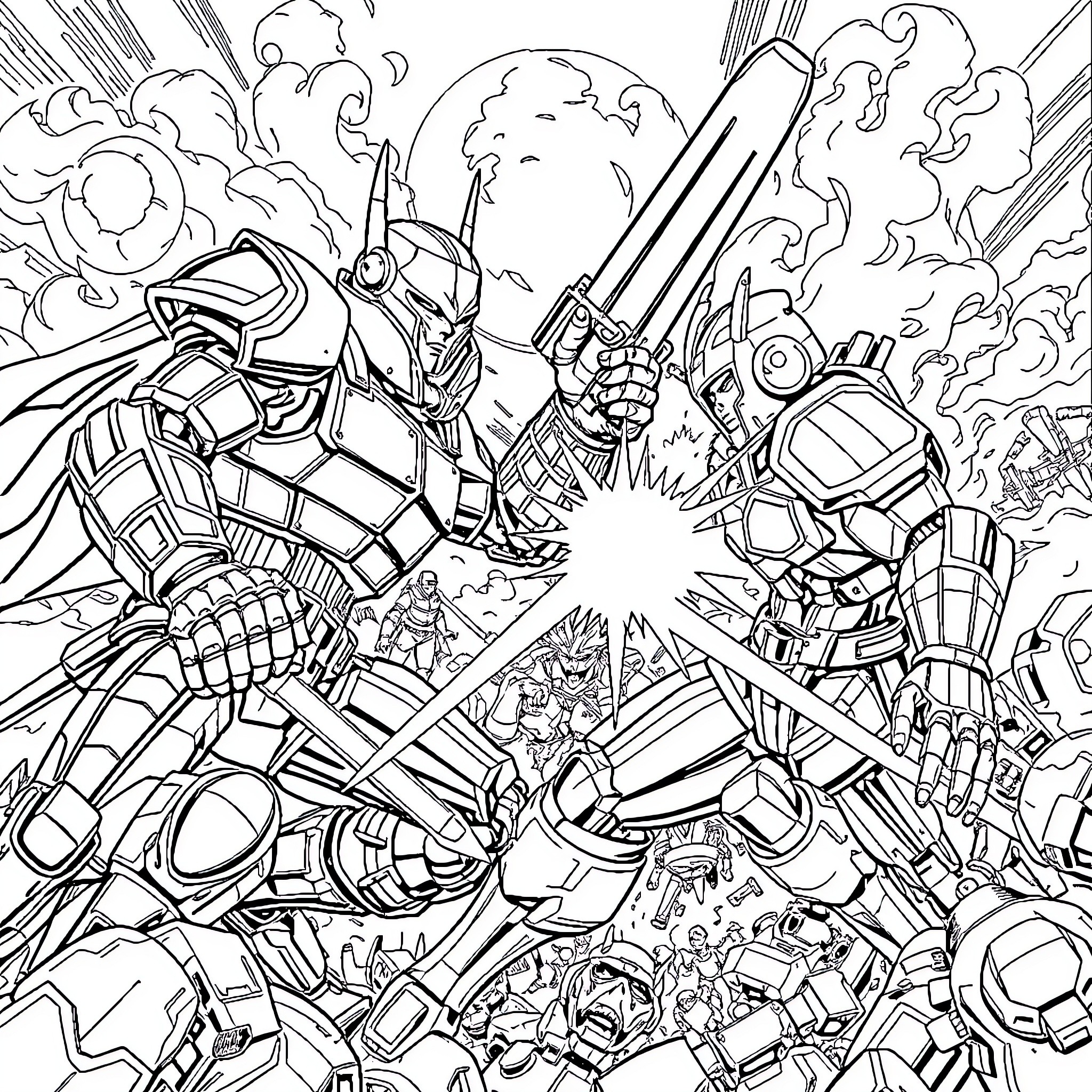 Gotan Mecha Warfare in Chaos Coloring Page (free black-and-white line drawing printable PDF for all, from beginners to advanced learners, including children, teens, adults, and seniors)