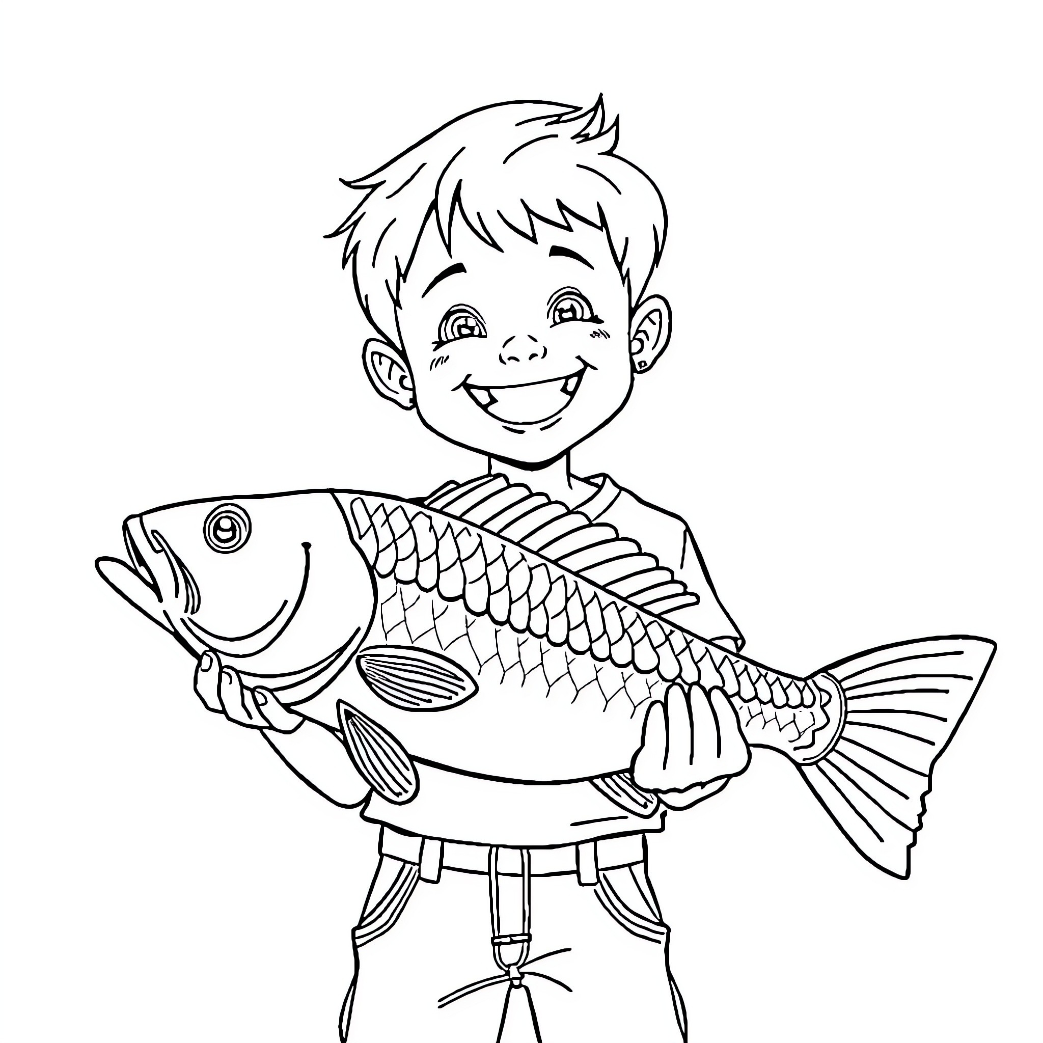 Boy proudly displaying his catch of the day Coloring Page (free black-and-white line drawing printable PDF for all, from beginners to advanced learners, including children, teens, adults, and seniors)