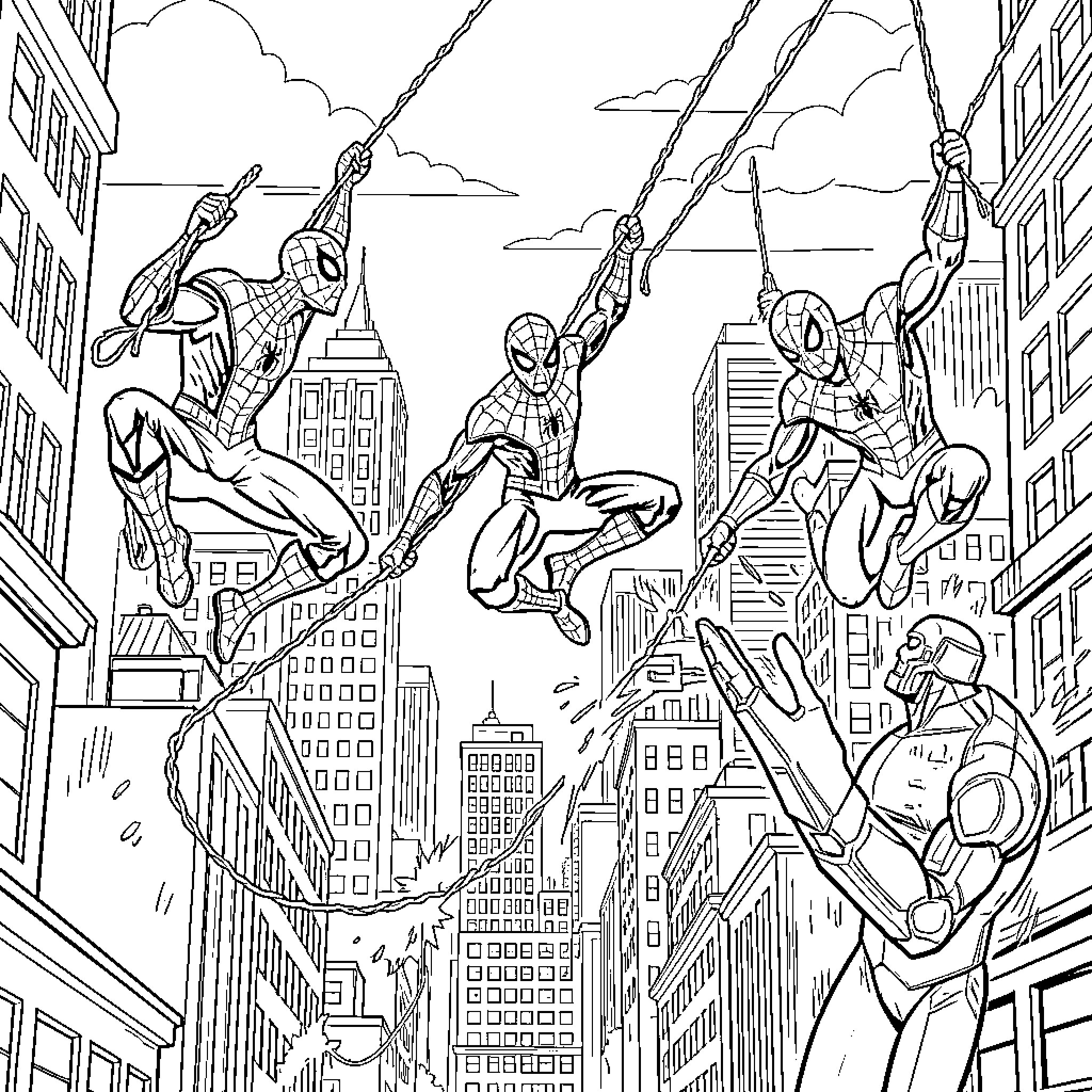 Spiderman swinging through skyscrapers above a city Coloring Page (free black-and-white line drawing printable PDF for all, from beginners to advanced learners, including children, teens, adults, and seniors)
