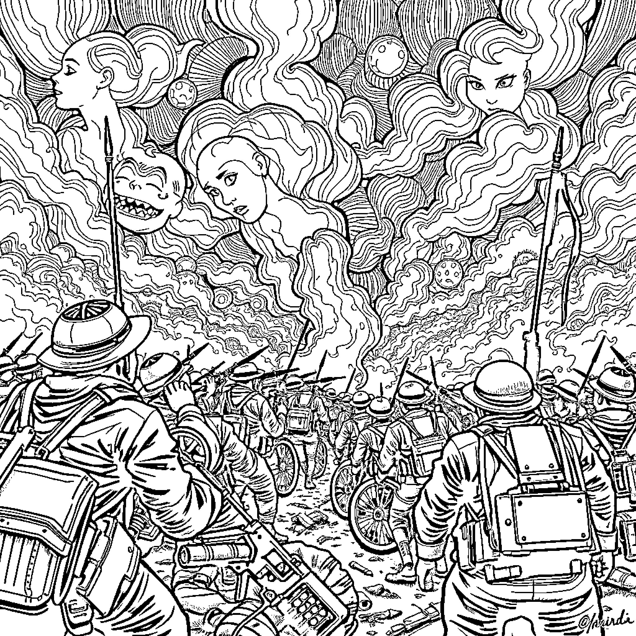 Guerra de los Mil Días: Chaotic Battle Scenes and Surreal Figures Coloring Page (free black-and-white line drawing printable PDF for all, from beginners to advanced learners, including children, teens, adults, and seniors)