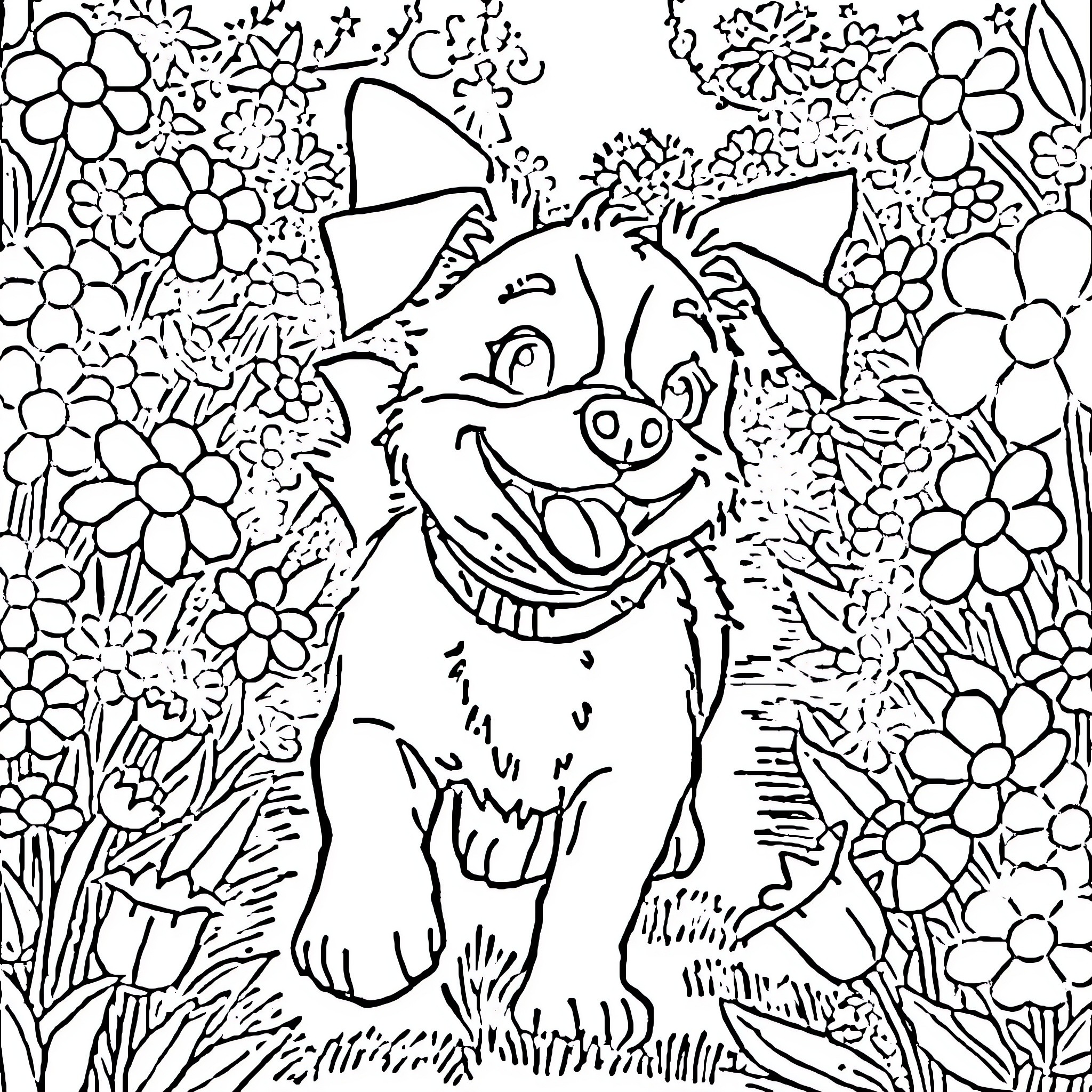 Dog surrounded by flowers in a garden Coloring Page (free black-and-white line drawing printable PDF for all, from beginners to advanced learners, including children, teens, adults, and seniors)