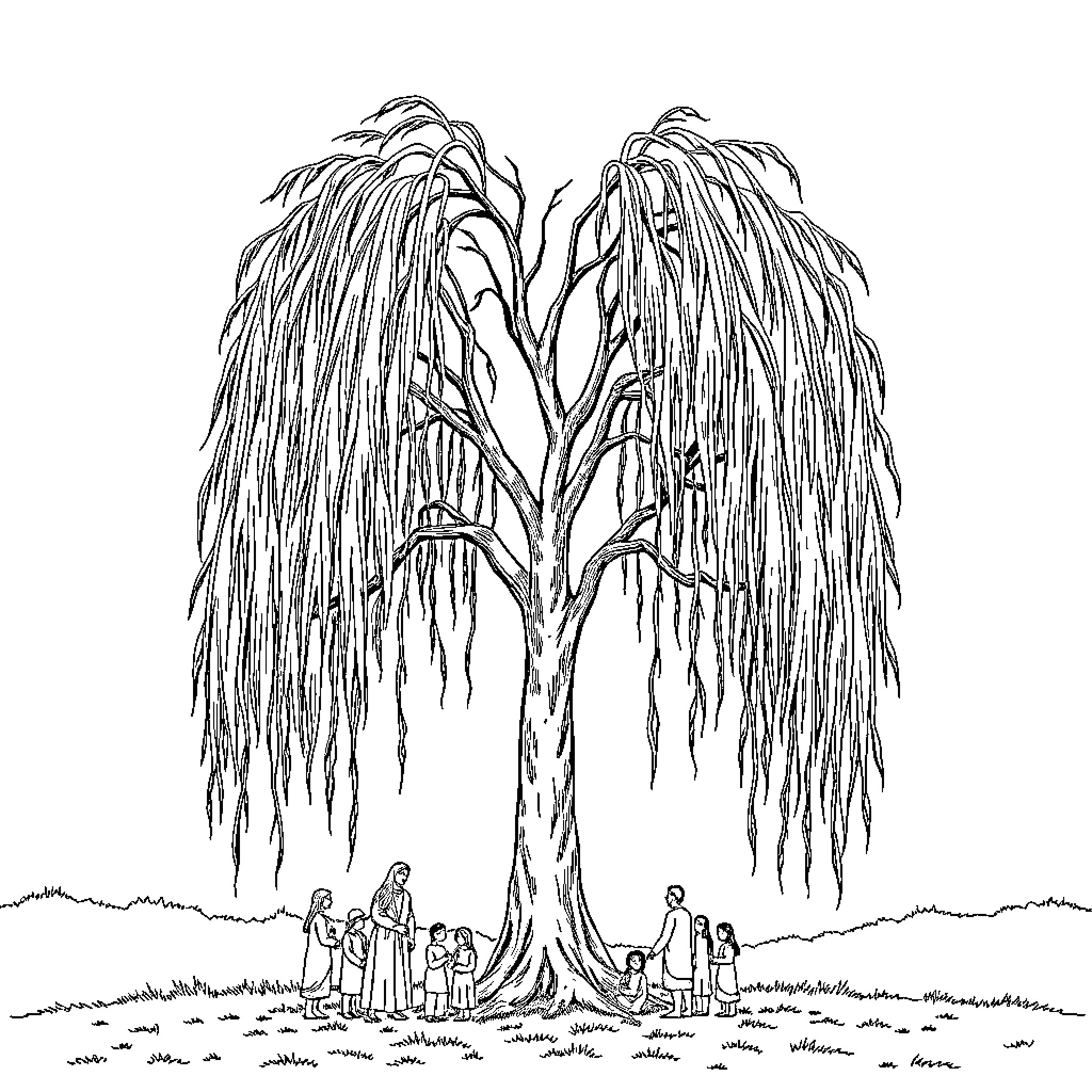 Willow Tree Sheltering a Gathering of People Coloring Page (free black-and-white line drawing printable PDF for all, from beginners to advanced learners, including children, teens, adults, and seniors)