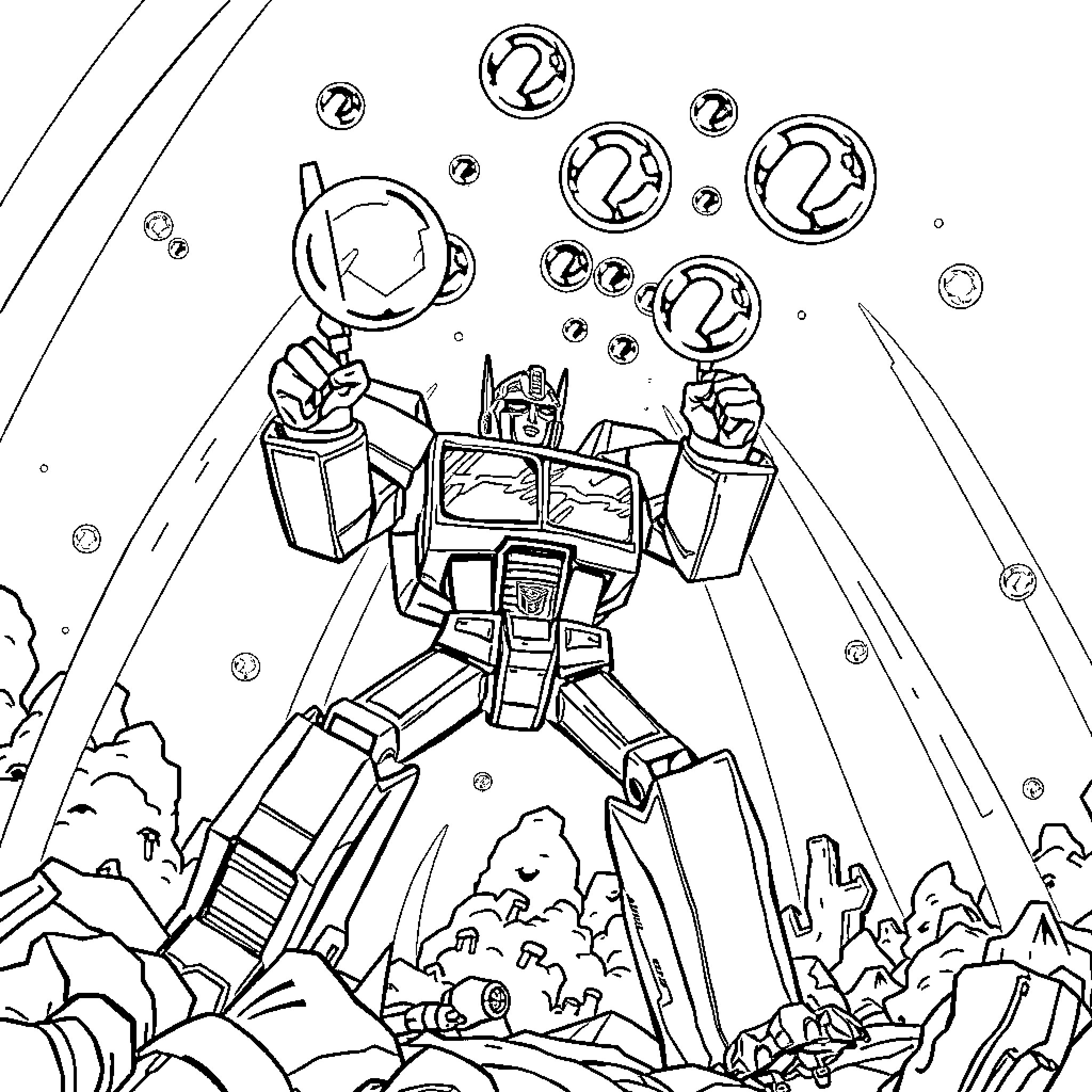 Transformer robot in epic battle scene Coloring Page (free black-and-white line drawing printable PDF for all, from beginners to advanced learners, including children, teens, adults, and seniors)