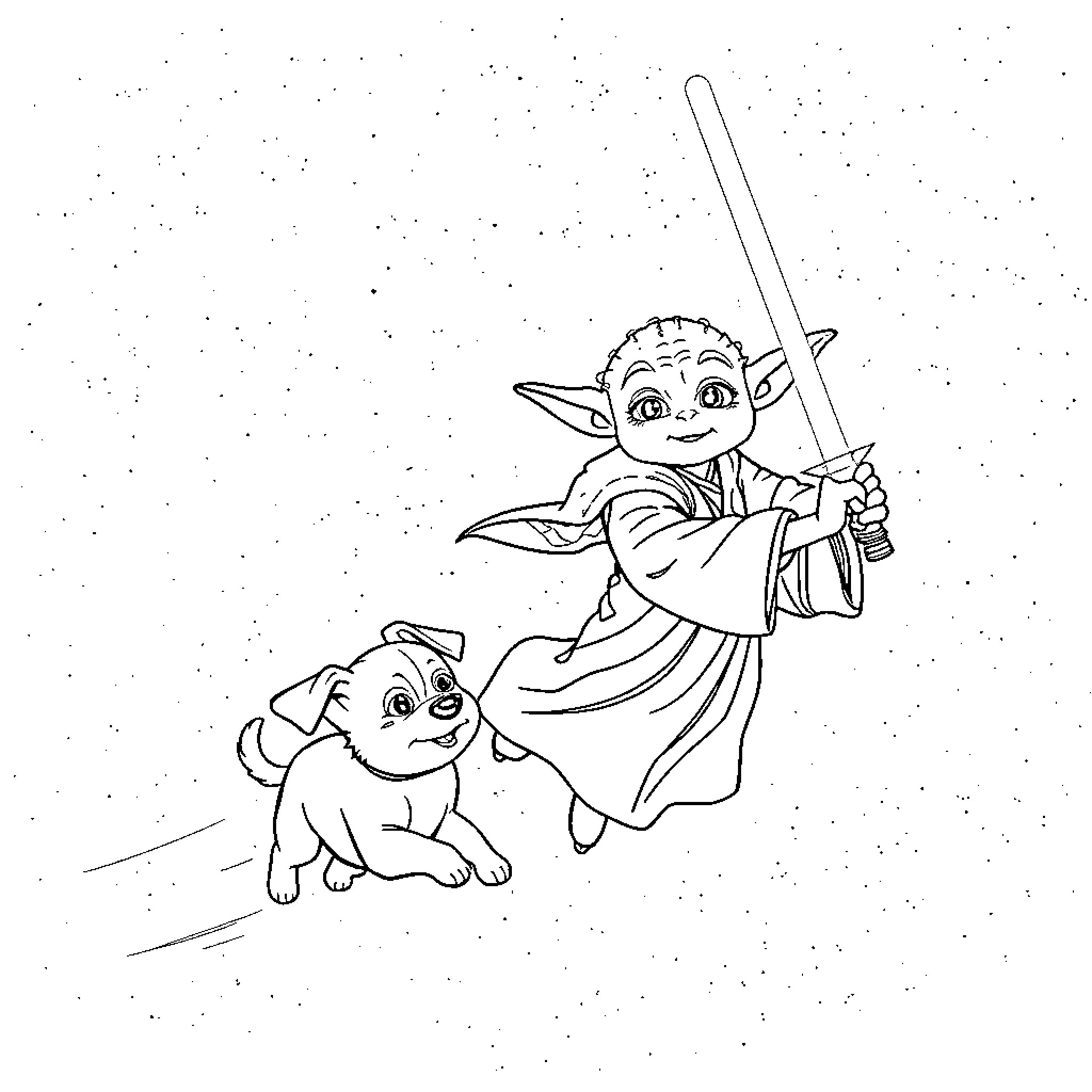 Yoda playing joyfully with puppy in the snow Coloring Page (free black-and-white line drawing printable PDF for all, from beginners to advanced learners, including children, teens, adults, and seniors)