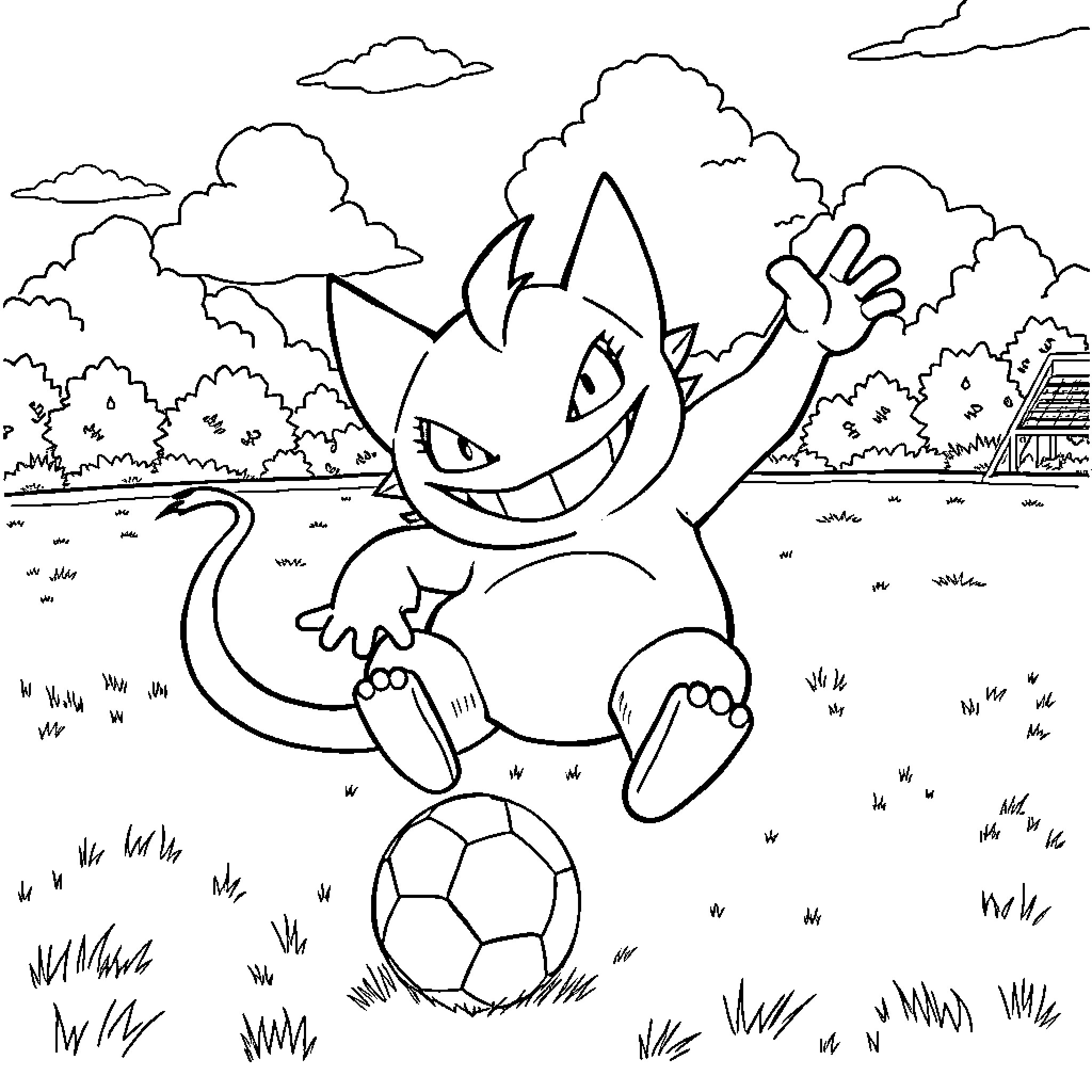 Pokémon character playing with soccer ball in natural setting Coloring Page (free black-and-white line drawing printable PDF for all, from beginners to advanced learners, including children, teens, adults, and seniors)