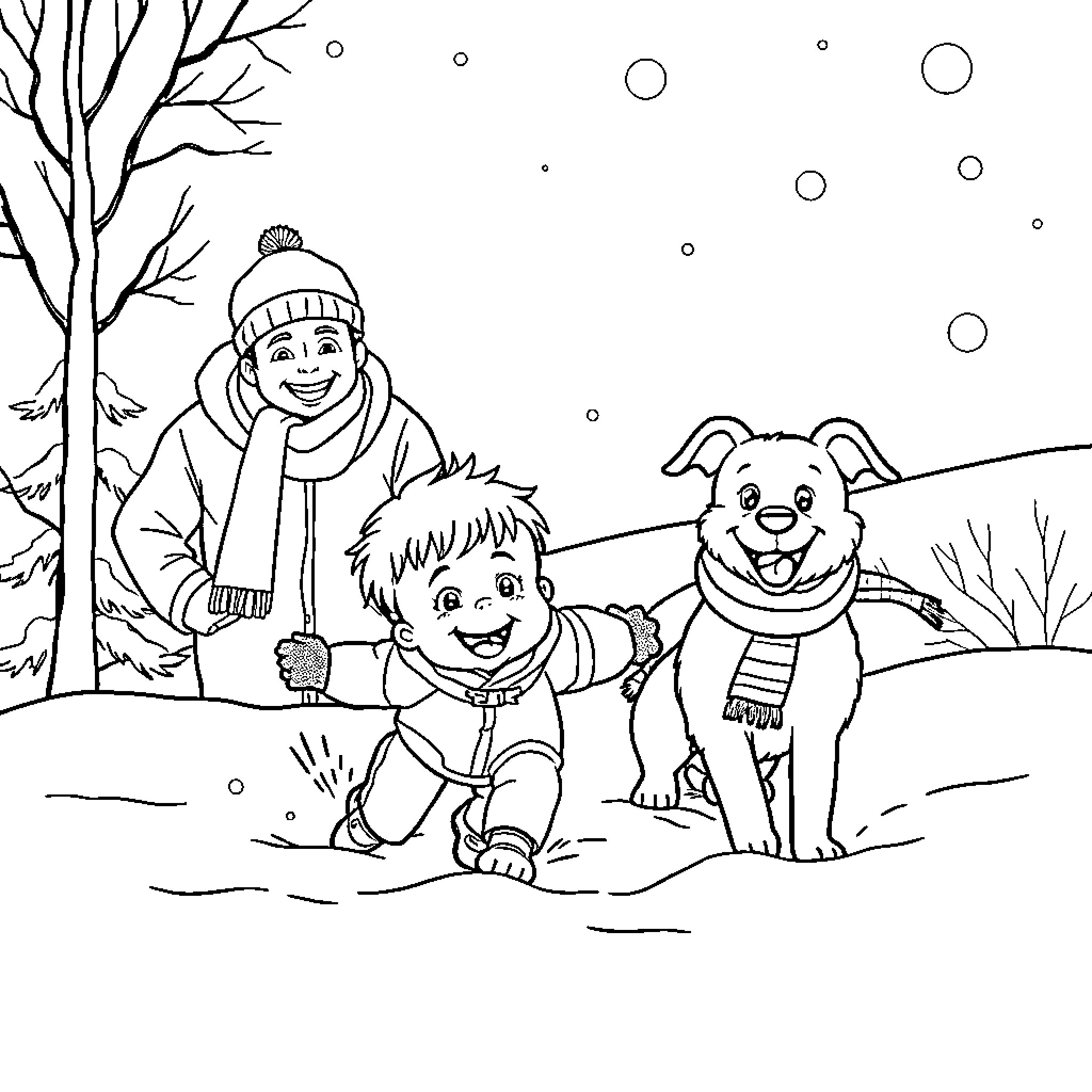 Boy and his dog playing in the snow Coloring Page (free black-and-white line drawing printable PDF for all, from beginners to advanced learners, including children, teens, adults, and seniors)