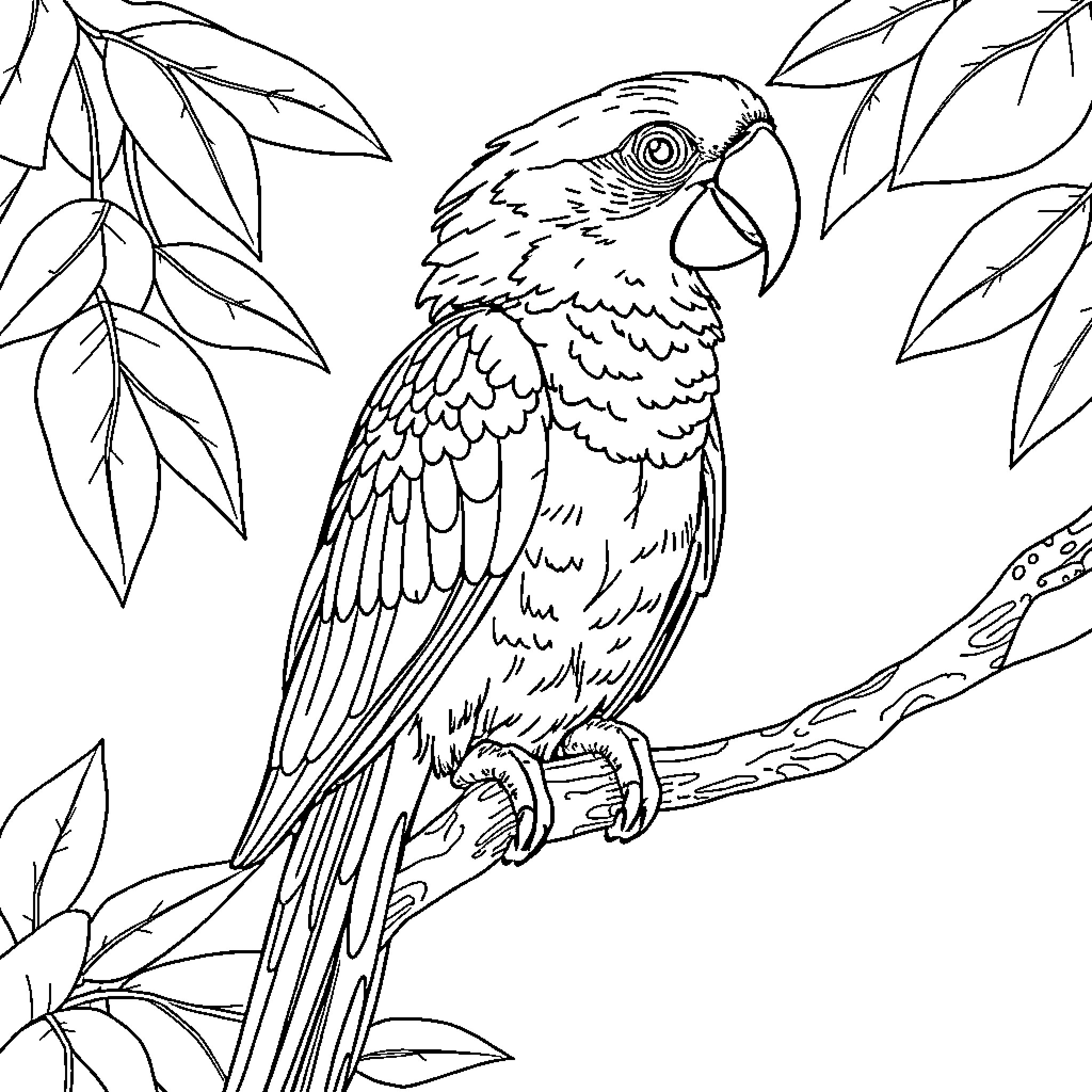 Pyrrhura Parrot in Lush Foliage Coloring Page (free black-and-white line drawing printable PDF for all, from beginners to advanced learners, including children, teens, adults, and seniors)