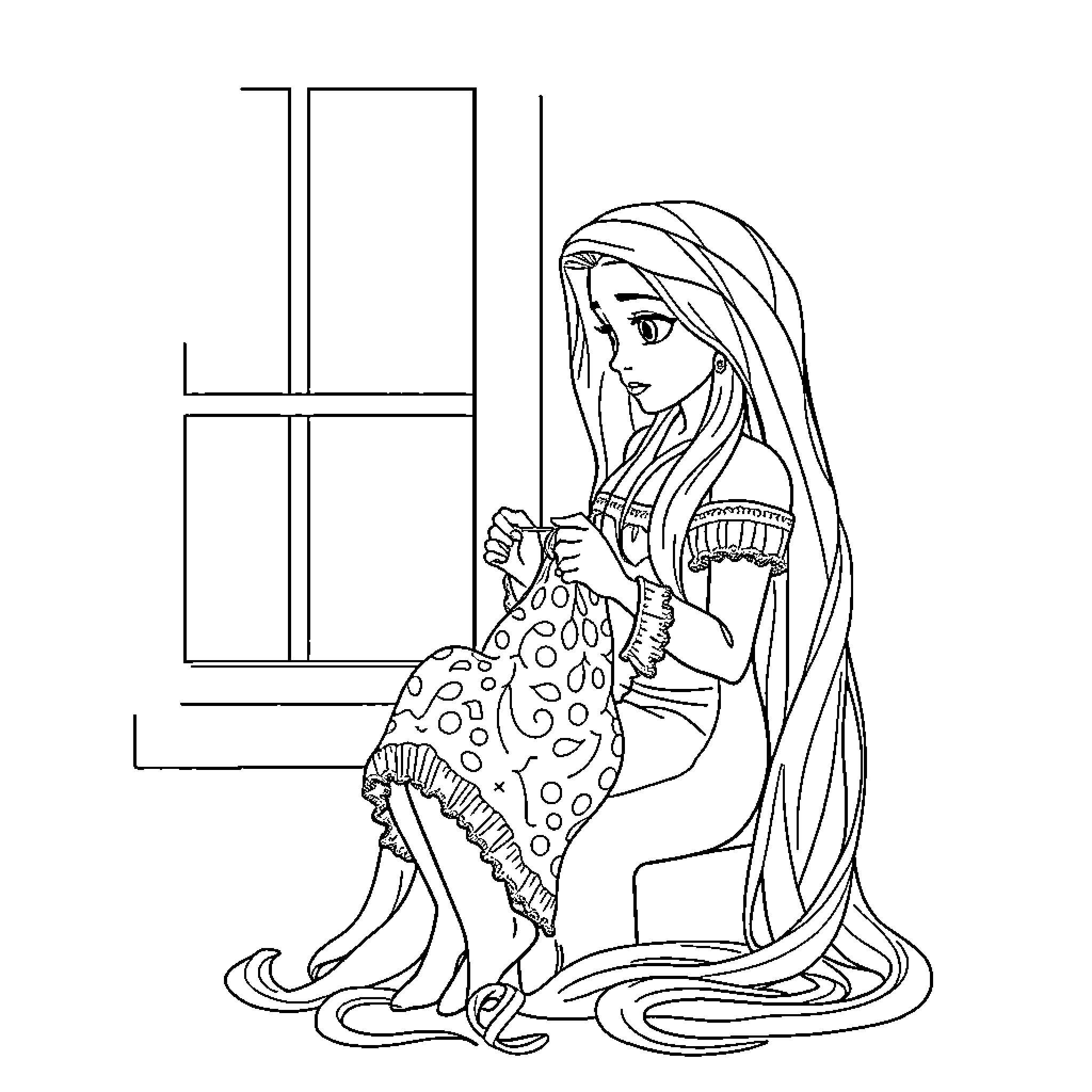 Rapunzel contemplating her long, flowing hair by the window Coloring Page (free black-and-white line drawing printable PDF for all, from beginners to advanced learners, including children, teens, adults, and seniors)