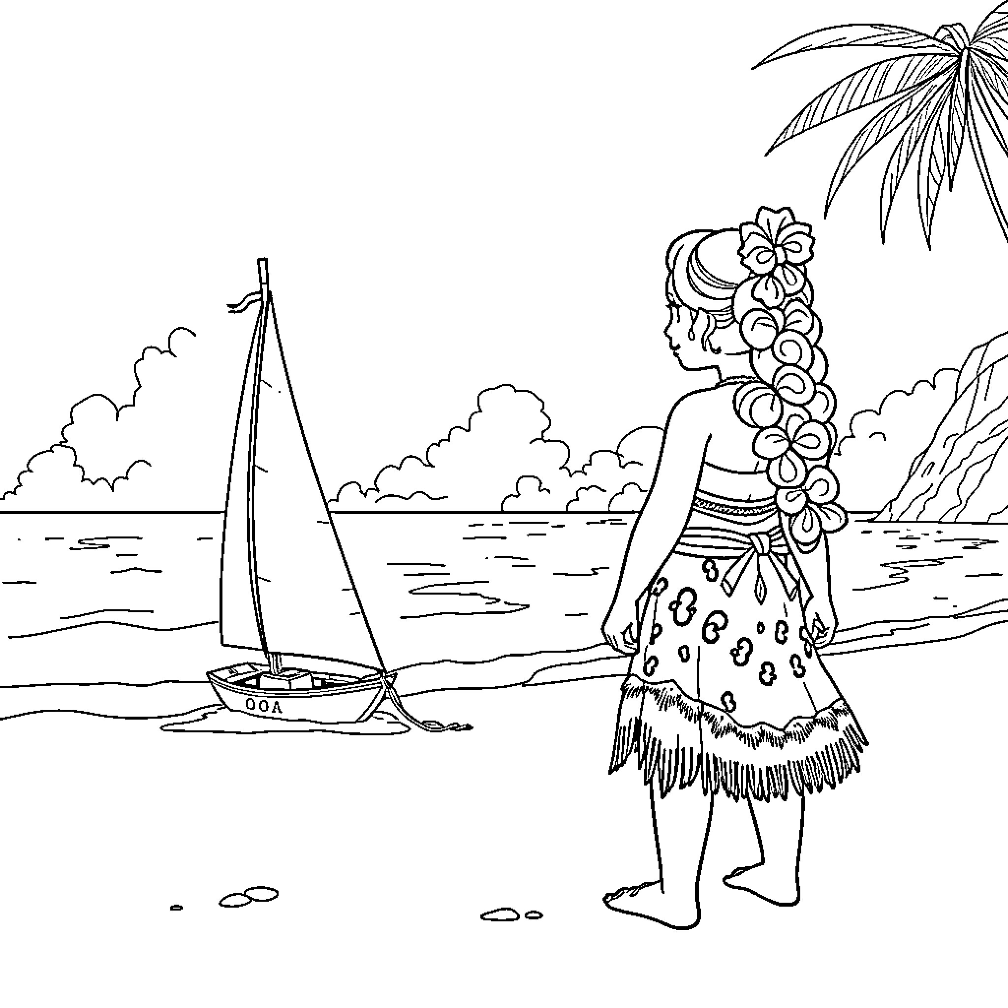 Moana enjoying a peaceful day by the sea Coloring Page (free black-and-white line drawing printable PDF for all, from beginners to advanced learners, including children, teens, adults, and seniors)