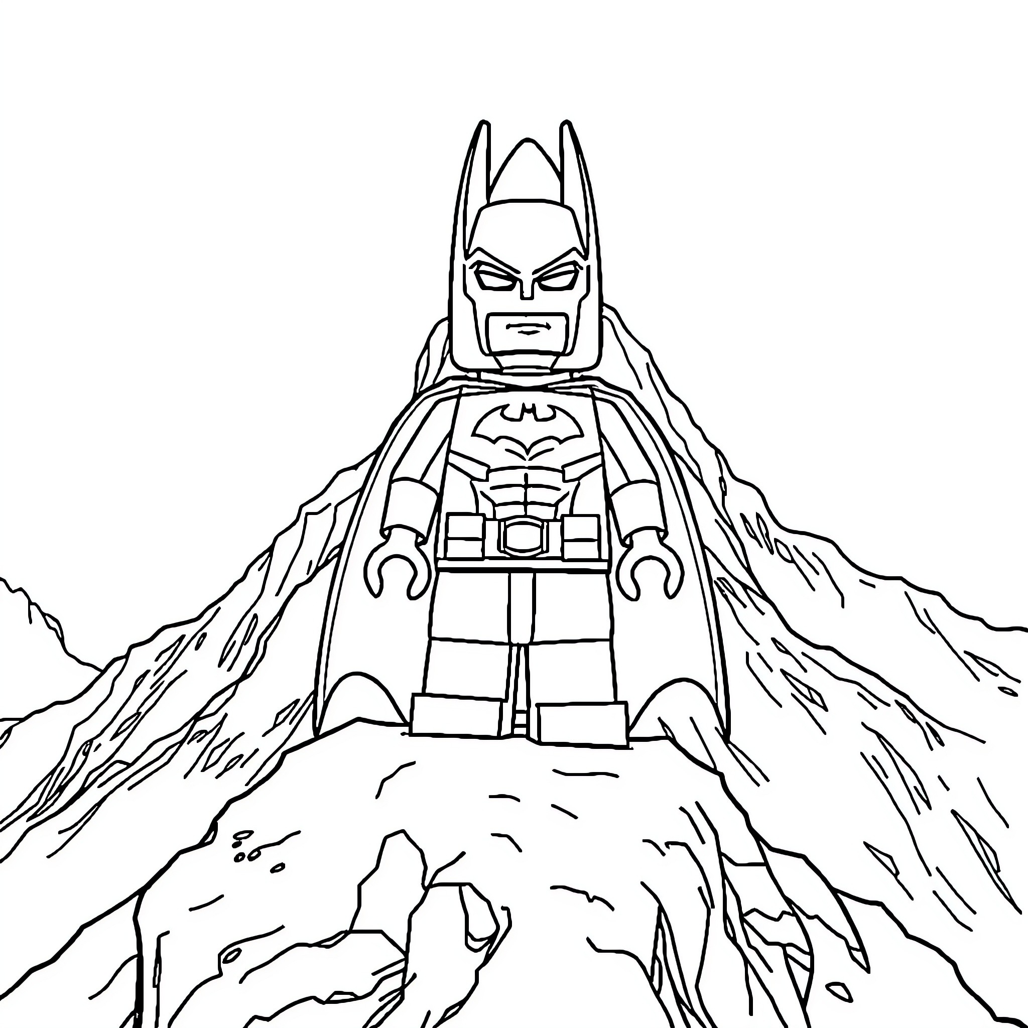 Lego Batman in action pose on rocky terrain Coloring Page (free black-and-white line drawing printable PDF for all, from beginners to advanced learners, including children, teens, adults, and seniors)