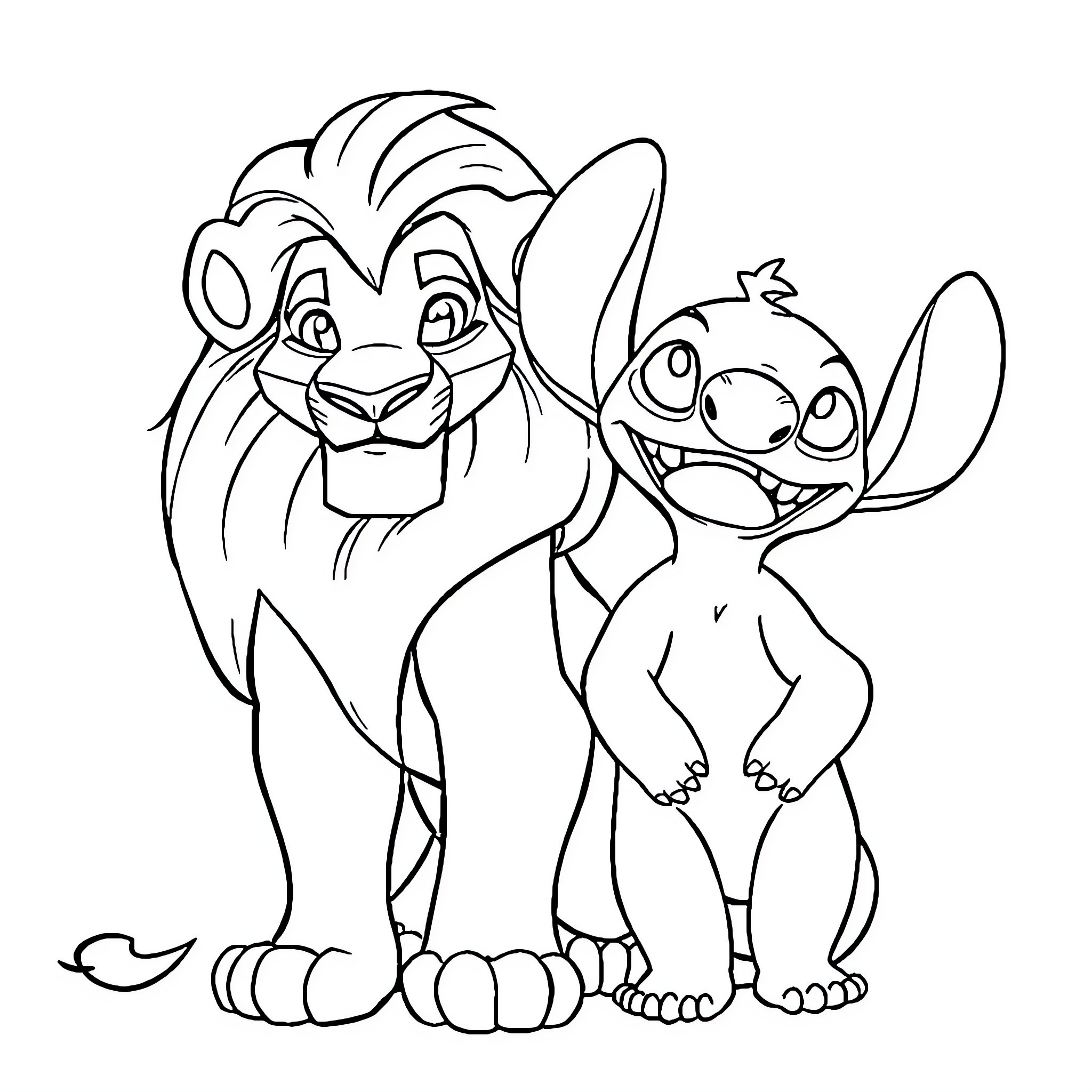 Simba and Stitch Playfully Bonding Coloring Page (free black-and-white line drawing printable PDF for all, from beginners to advanced learners, including children, teens, adults, and seniors)
