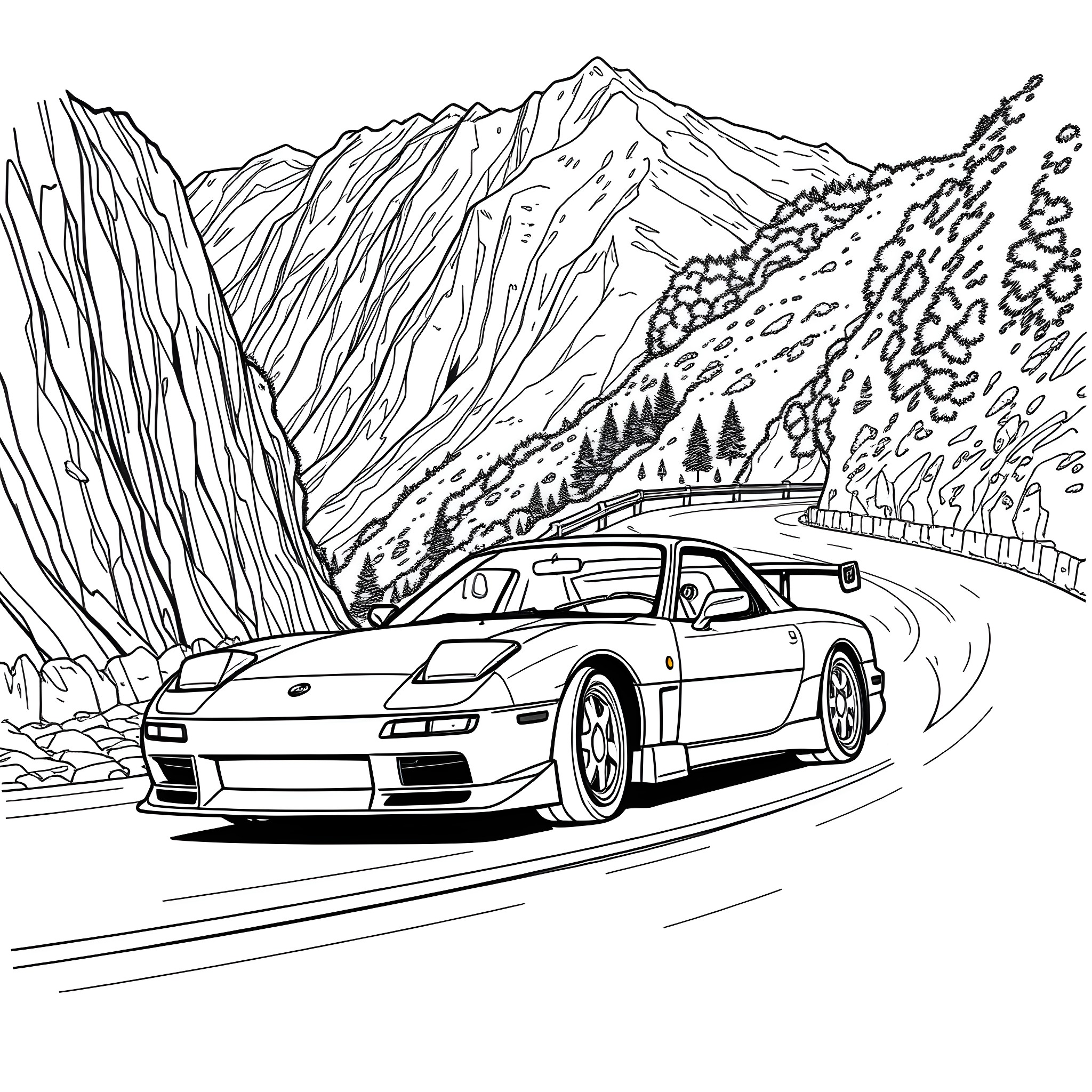 Rx7 speeding through the mountain road Coloring Page (free black-and-white line drawing printable PDF for all, from beginners to advanced learners, including children, teens, adults, and seniors)