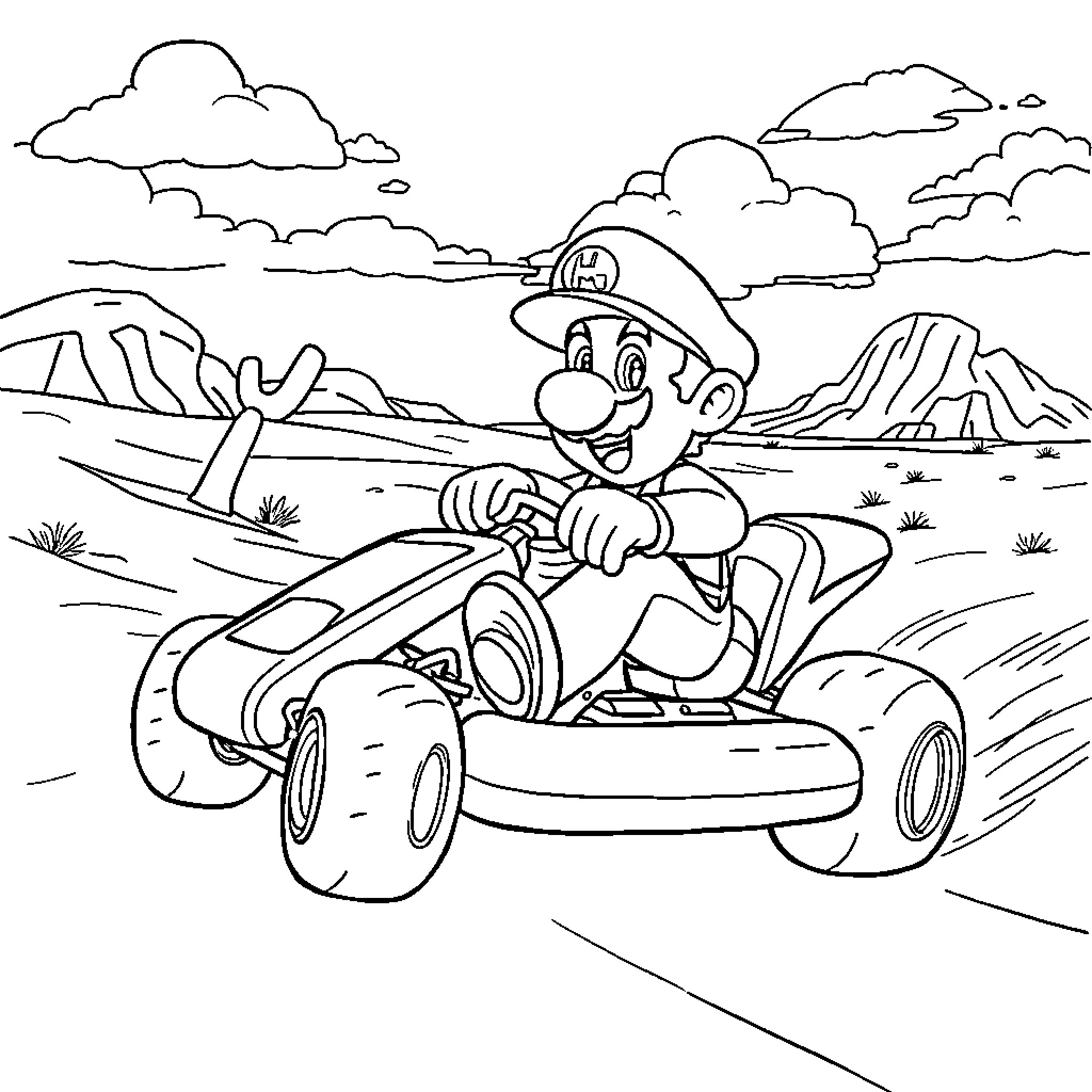 Super Mario racing in a go-kart through a mountainous landscape Coloring Page (free black-and-white line drawing printable PDF for all, from beginners to advanced learners, including children, teens, adults, and seniors)
