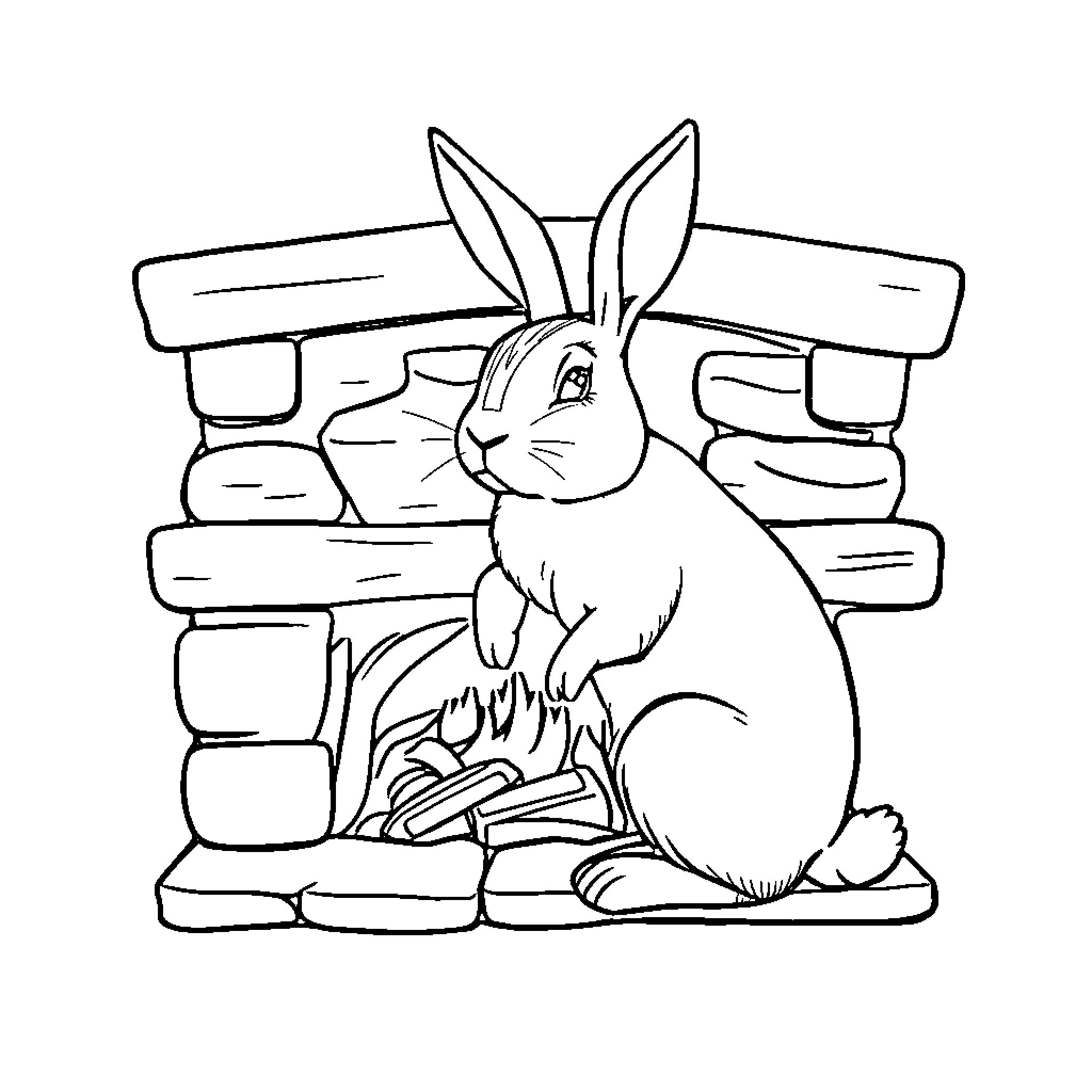 Rabbit sitting on bricks Coloring Page (free black-and-white line drawing printable PDF for all, from beginners to advanced learners, including children, teens, adults, and seniors)