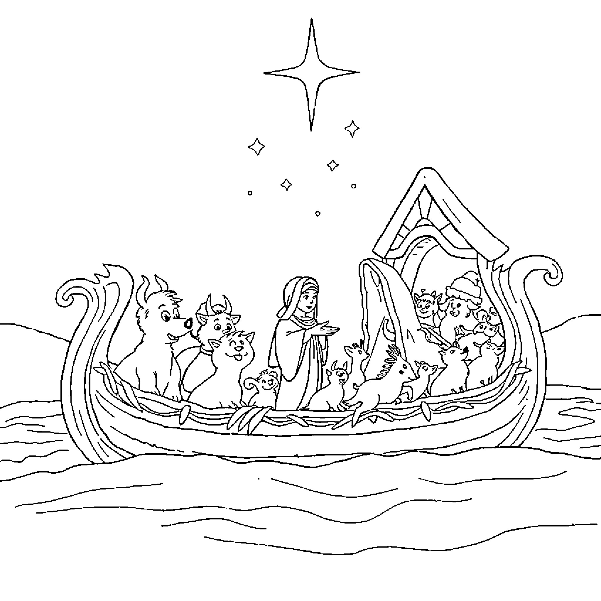 Noah's Ark with animals sailing on the waters Coloring Page (free black-and-white line drawing printable PDF for all, from beginners to advanced learners, including children, teens, adults, and seniors)