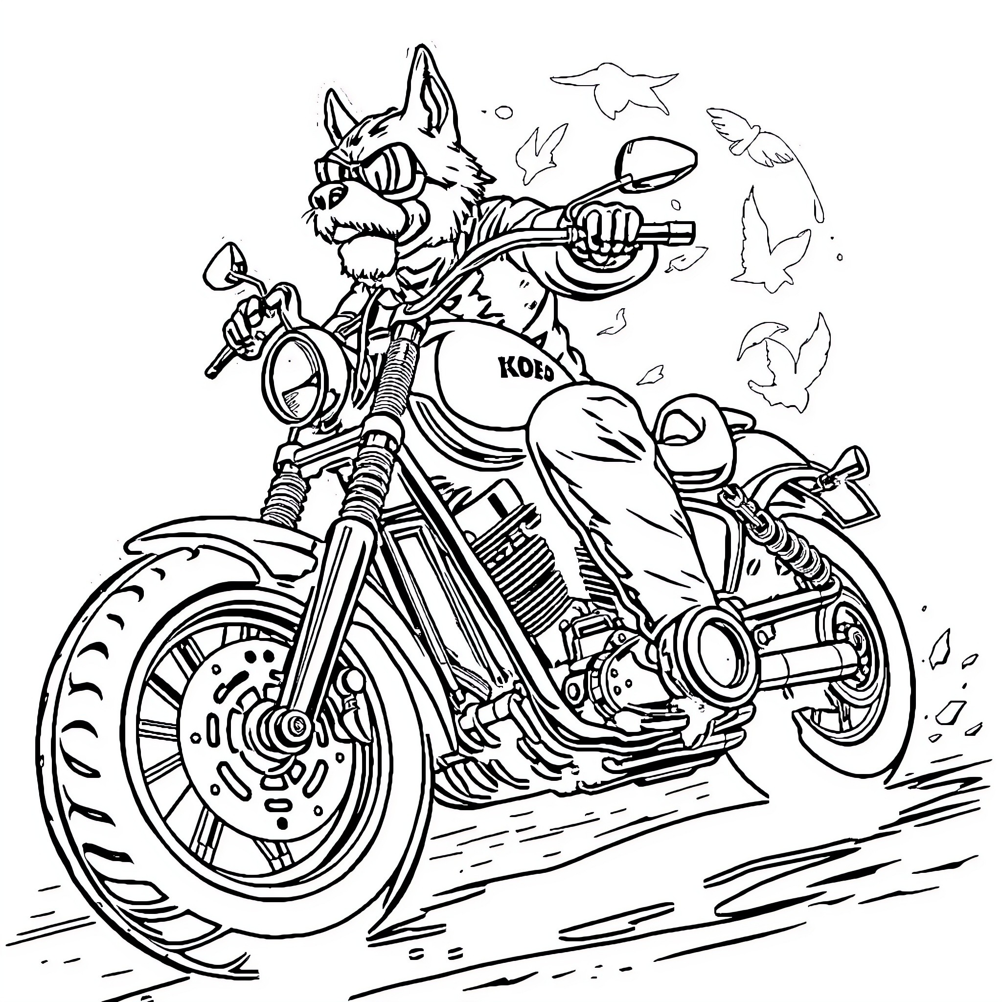 Lobo riding the motorcycle with speed Coloring Page (free black-and-white line drawing printable PDF for all, from beginners to advanced learners, including children, teens, adults, and seniors)