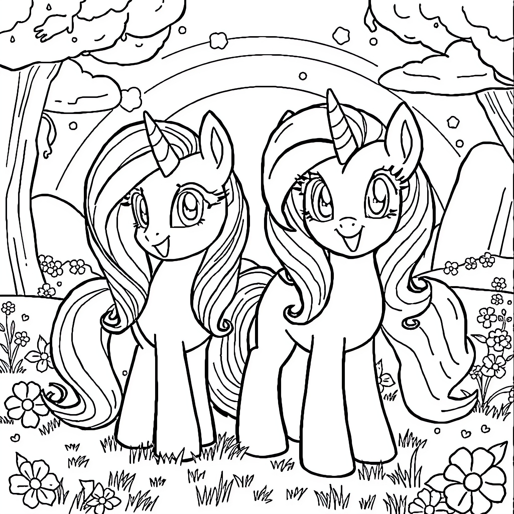 Pony friends enjoying a magical meadow Coloring Page (free black-and-white line drawing printable PDF for all, from beginners to advanced learners, including children, teens, adults, and seniors)