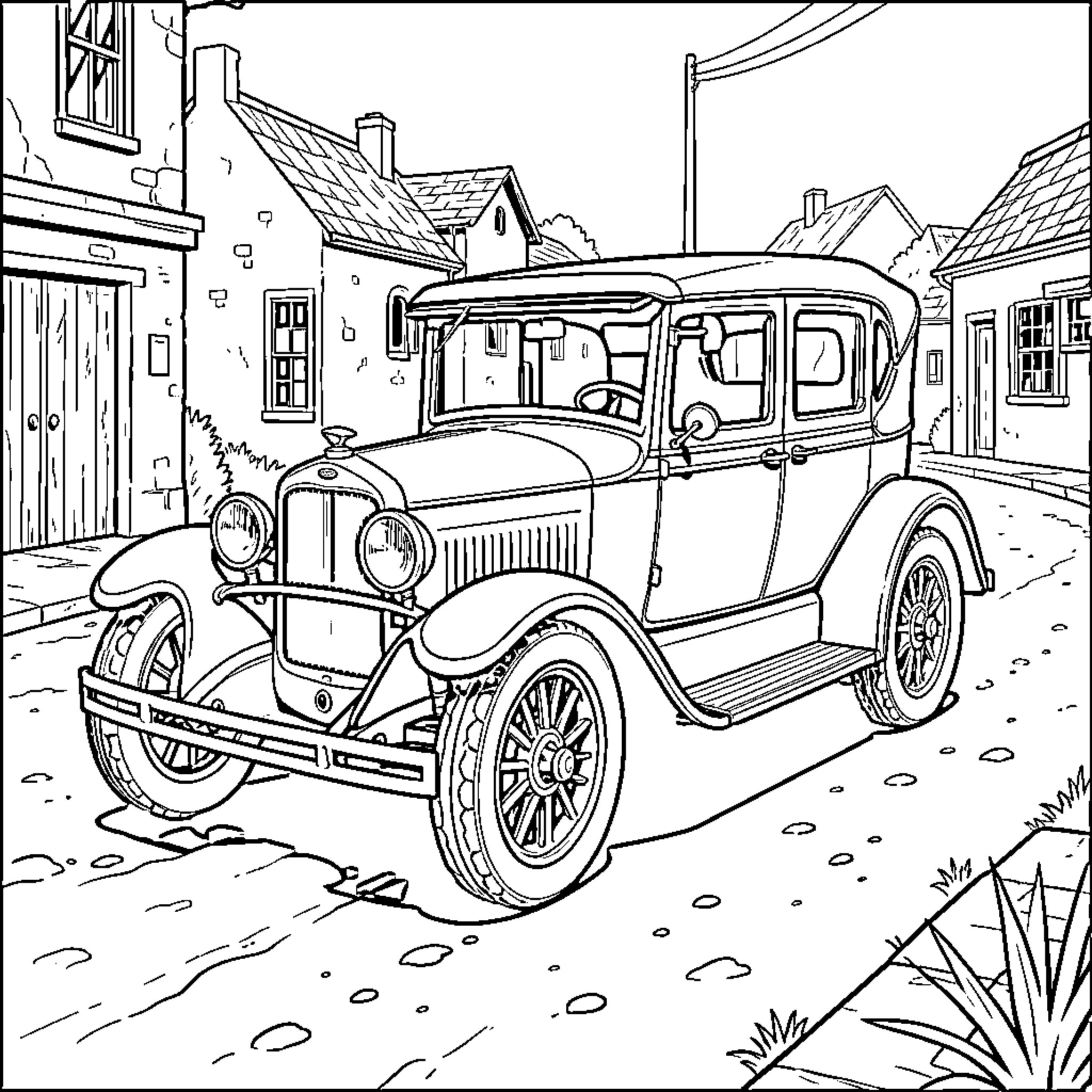 Car in a quaint village street Coloring Page (free black-and-white line drawing printable PDF for all, from beginners to advanced learners, including children, teens, adults, and seniors)