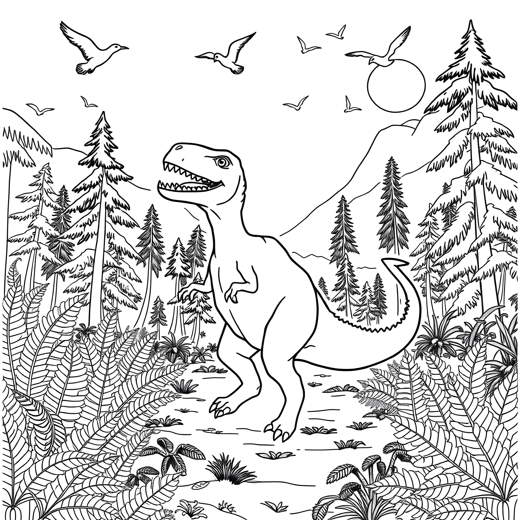 Dinosaur in the Prehistoric Forest Coloring Page (free black-and-white line drawing printable PDF for all, from beginners to advanced learners, including children, teens, adults, and seniors)