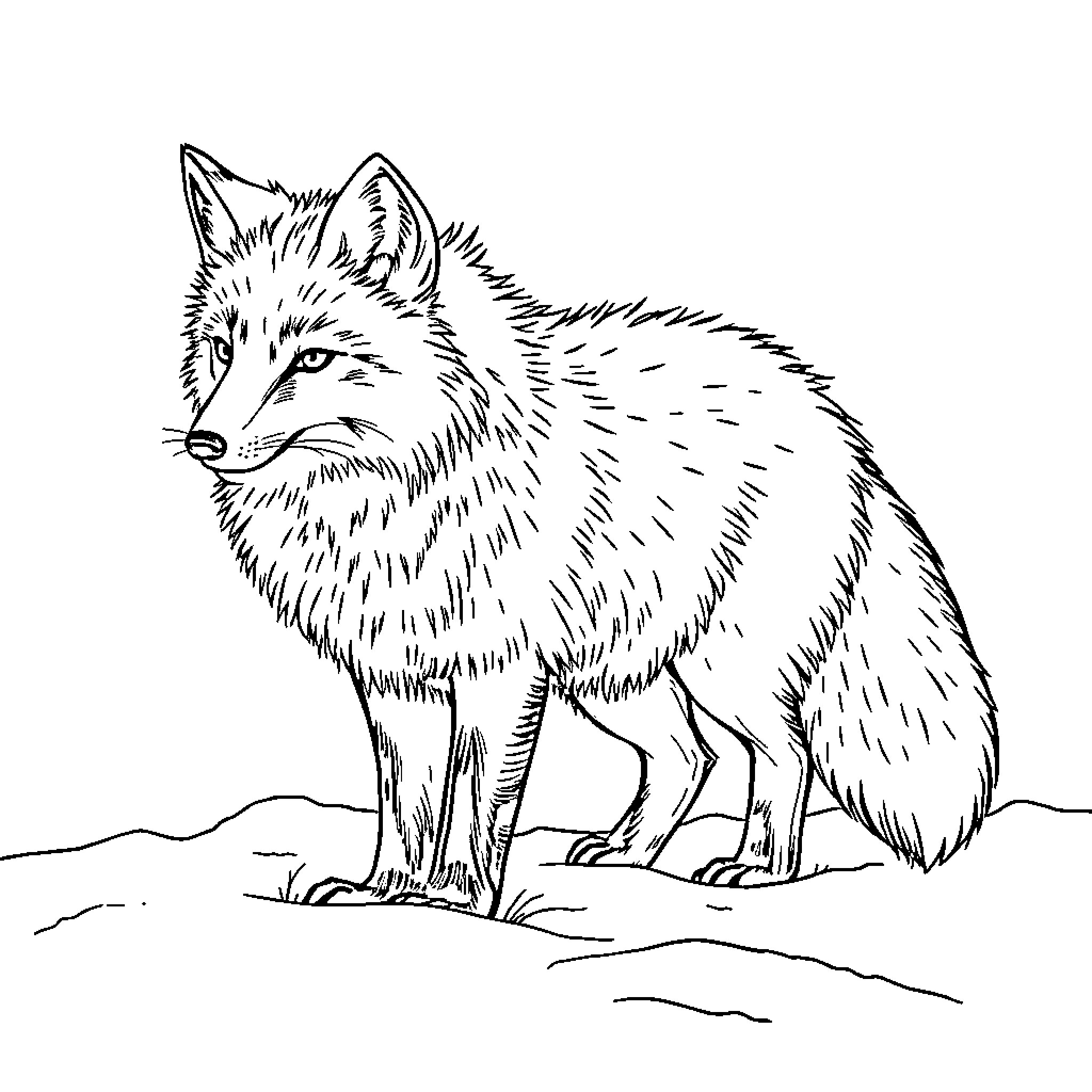 Fox standing alert in the wilderness Coloring Page (free black-and-white line drawing printable PDF for all, from beginners to advanced learners, including children, teens, adults, and seniors)
