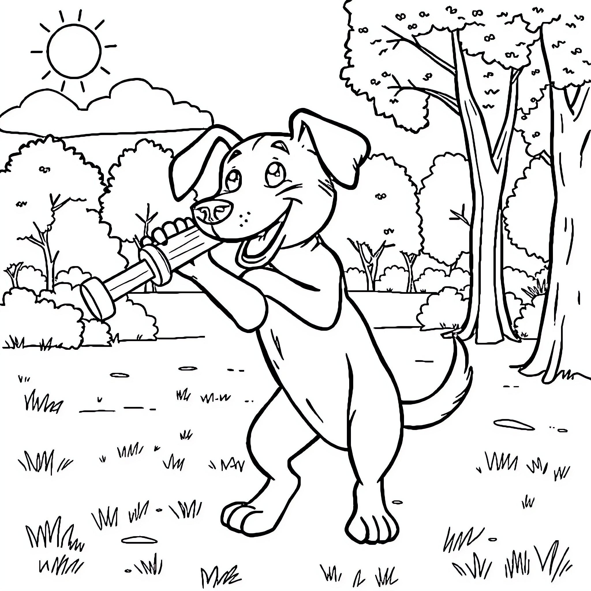Dog playing happily in the park Coloring Page (free black-and-white line drawing printable PDF for all, from beginners to advanced learners, including children, teens, adults, and seniors)