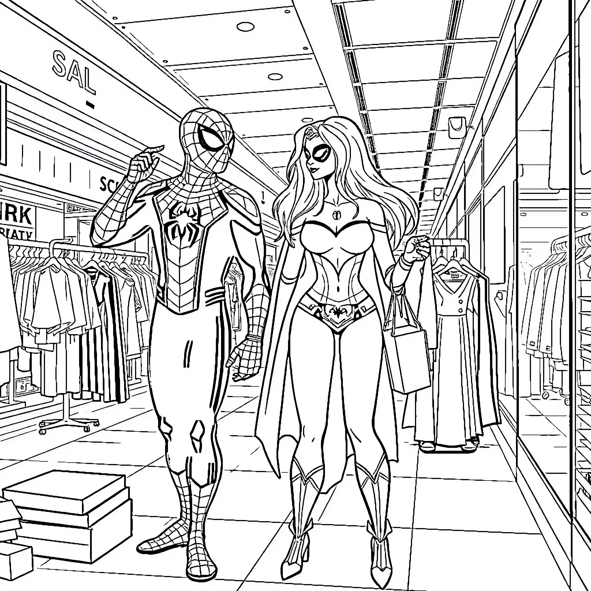 Spiderman and Superheroine Shopping Together Coloring Page (free black-and-white line drawing printable PDF for all, from beginners to advanced learners, including children, teens, adults, and seniors)