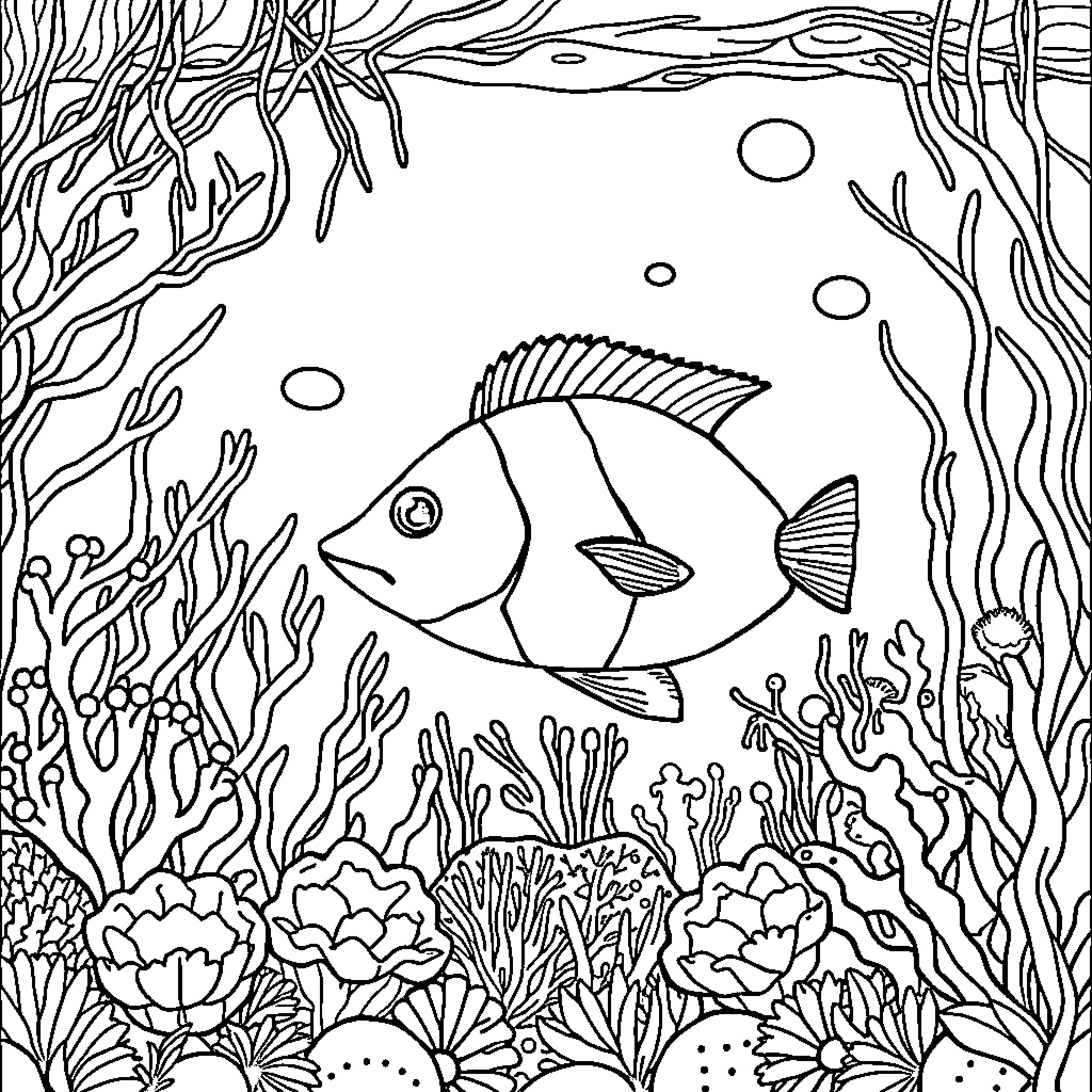 Fish swimming amid underwater plants and bubbles Coloring Page (free black-and-white line drawing printable PDF for all, from beginners to advanced learners, including children, teens, adults, and seniors)