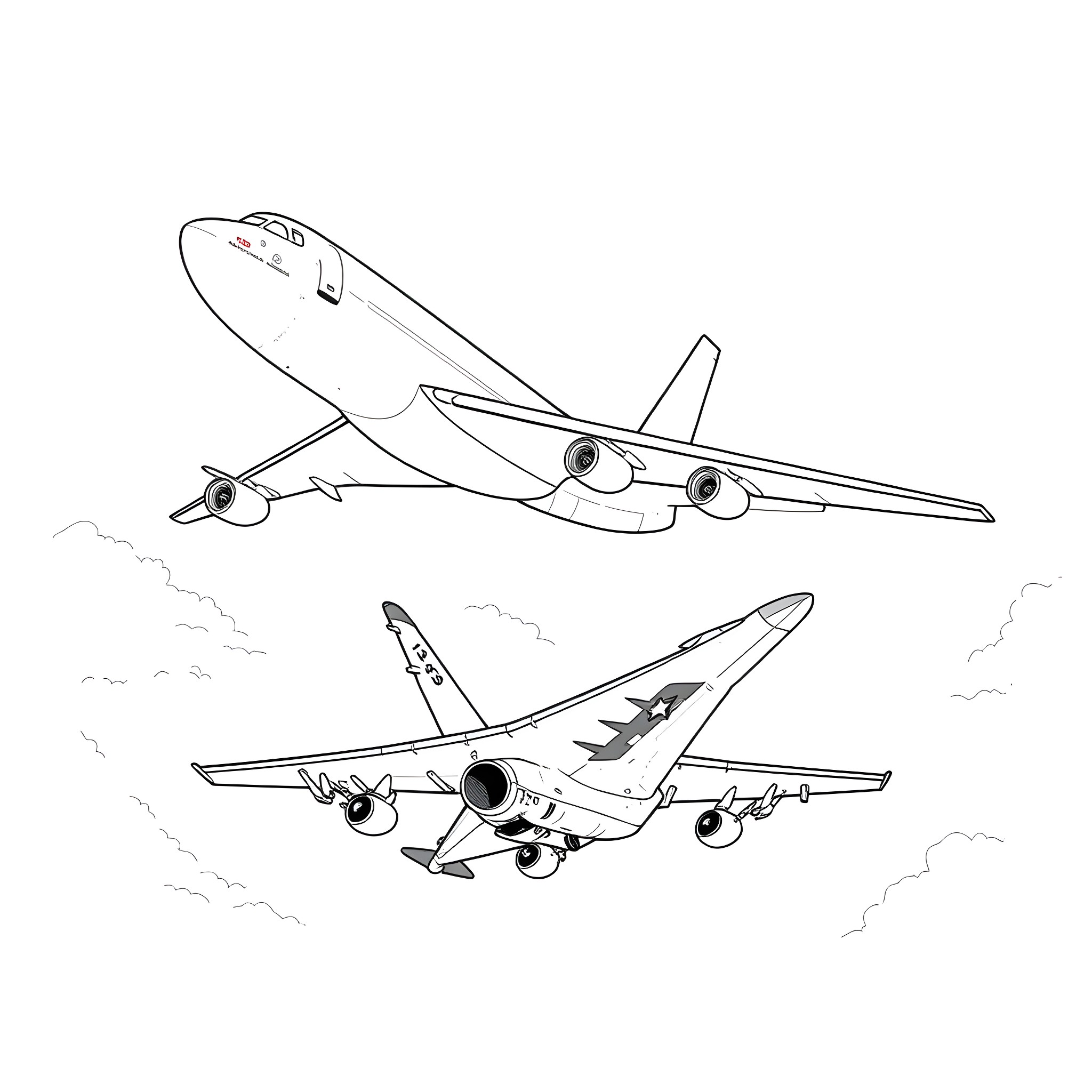 Kc135 military aircraft in flight Coloring Page (free black-and-white line drawing printable PDF for all, from beginners to advanced learners, including children, teens, adults, and seniors)