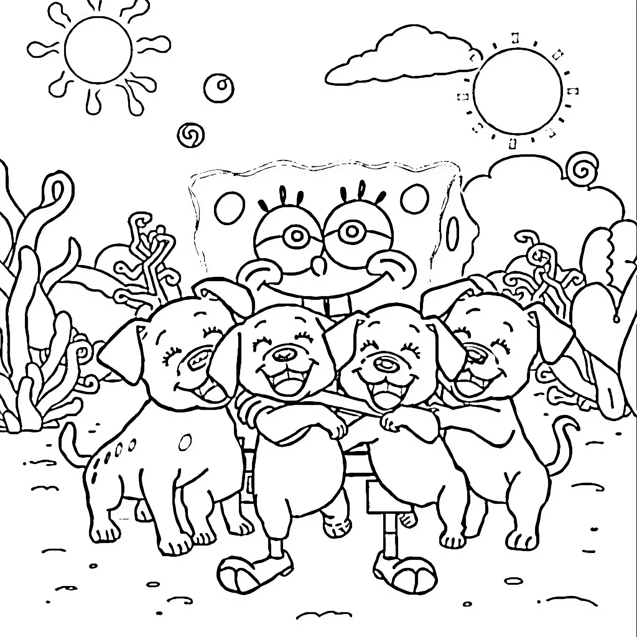 Spongebob and friends in a nature scene Coloring Page (free black-and-white line drawing printable PDF for all, from beginners to advanced learners, including children, teens, adults, and seniors)