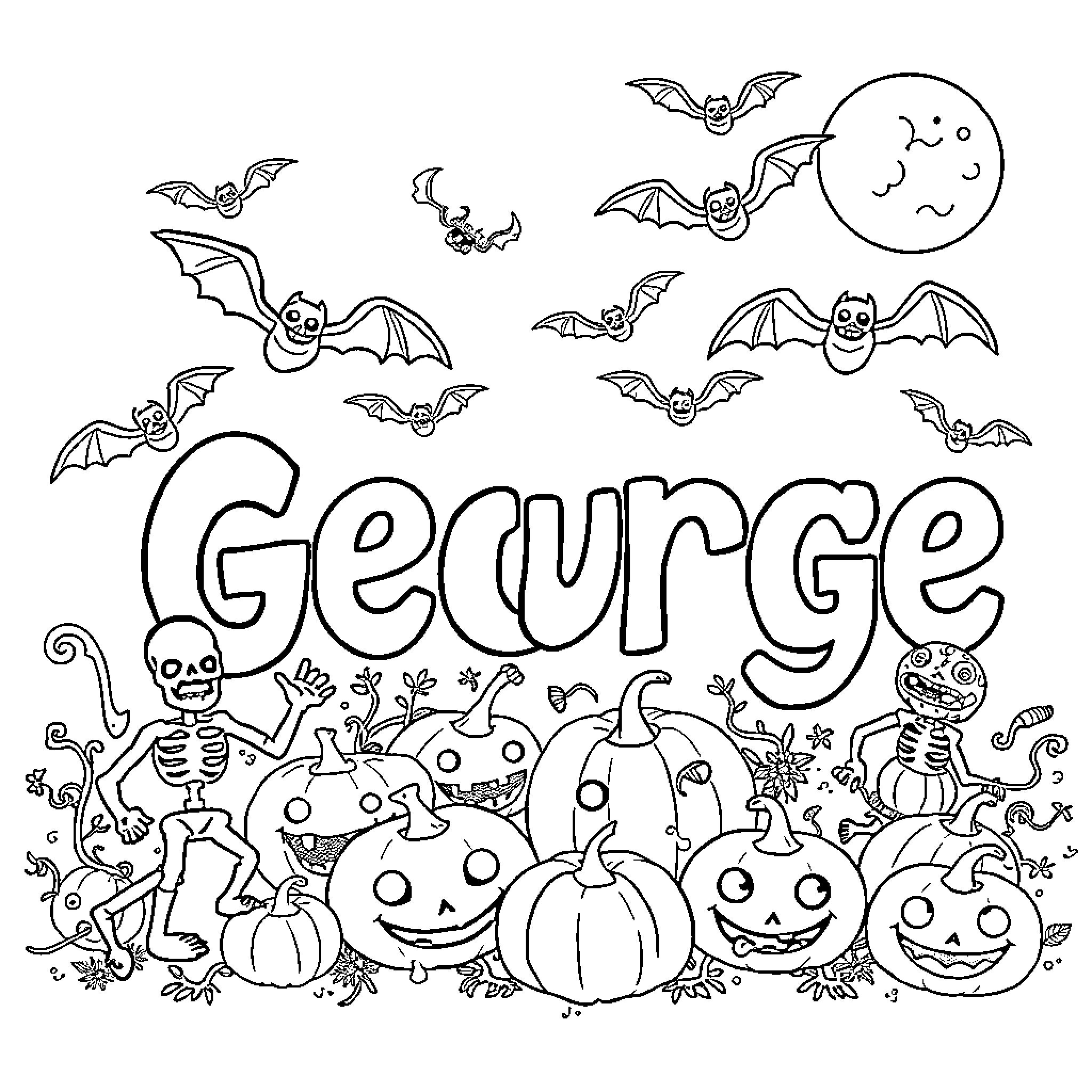Halloween fun with spooky characters and pumpkins Coloring Page (free black-and-white line drawing printable PDF for all, from beginners to advanced learners, including children, teens, adults, and seniors)