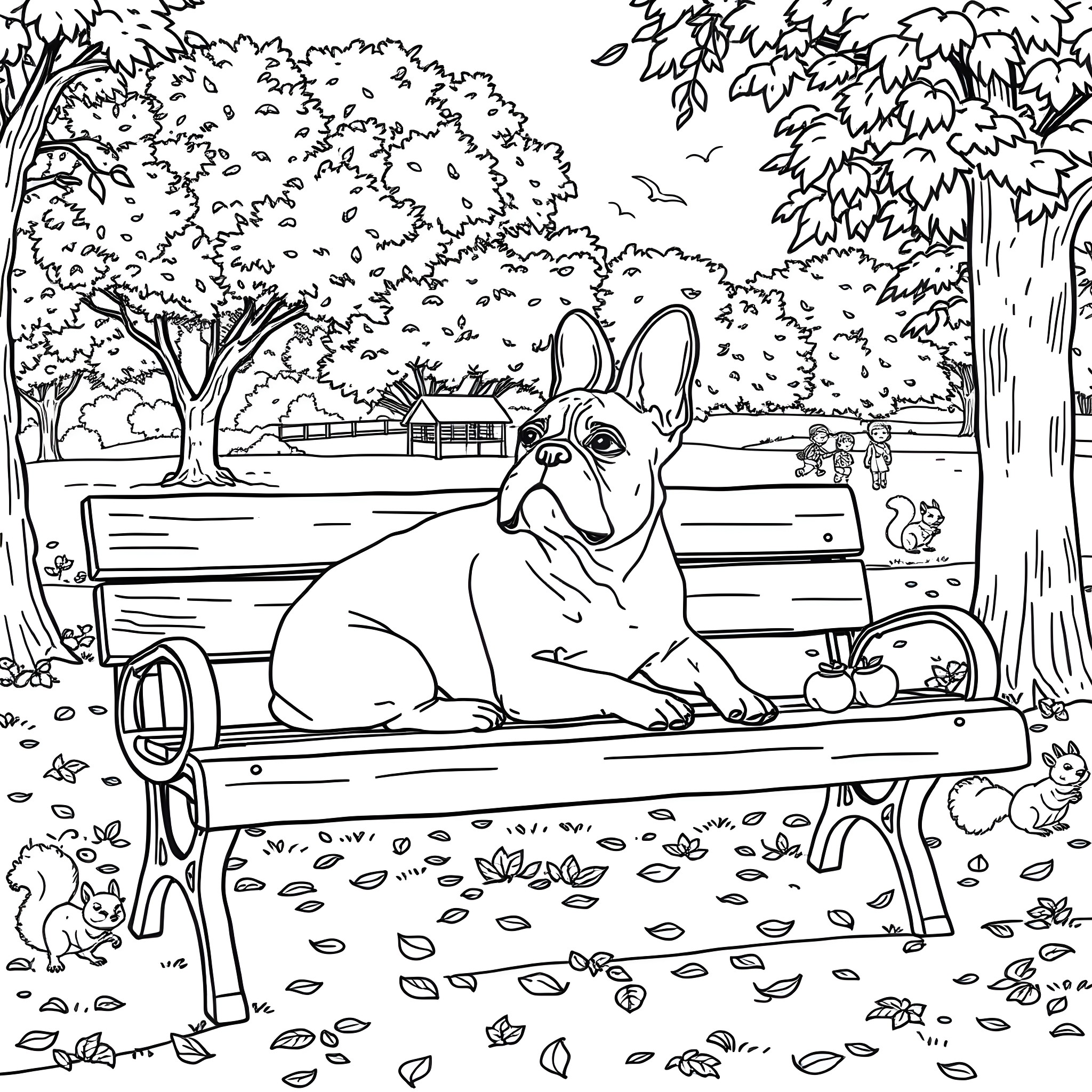 French Bulldog relaxing on a park bench Coloring Page (free black-and-white line drawing printable PDF for all, from beginners to advanced learners, including children, teens, adults, and seniors)