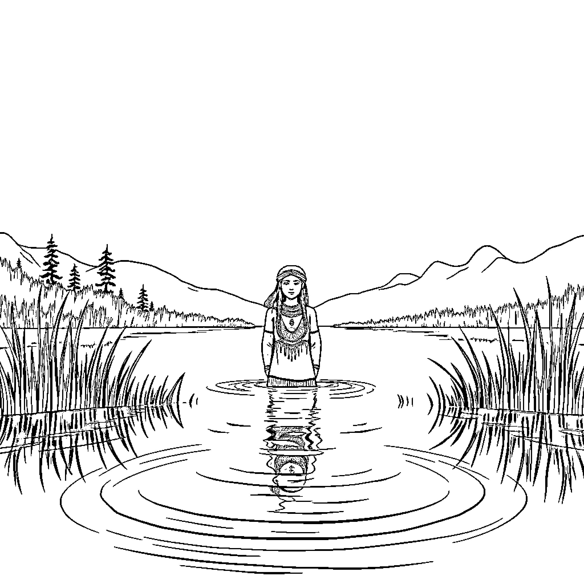 Woman standing peacefully in tranquil lake Coloring Page (free black-and-white line drawing printable PDF for all, from beginners to advanced learners, including children, teens, adults, and seniors)