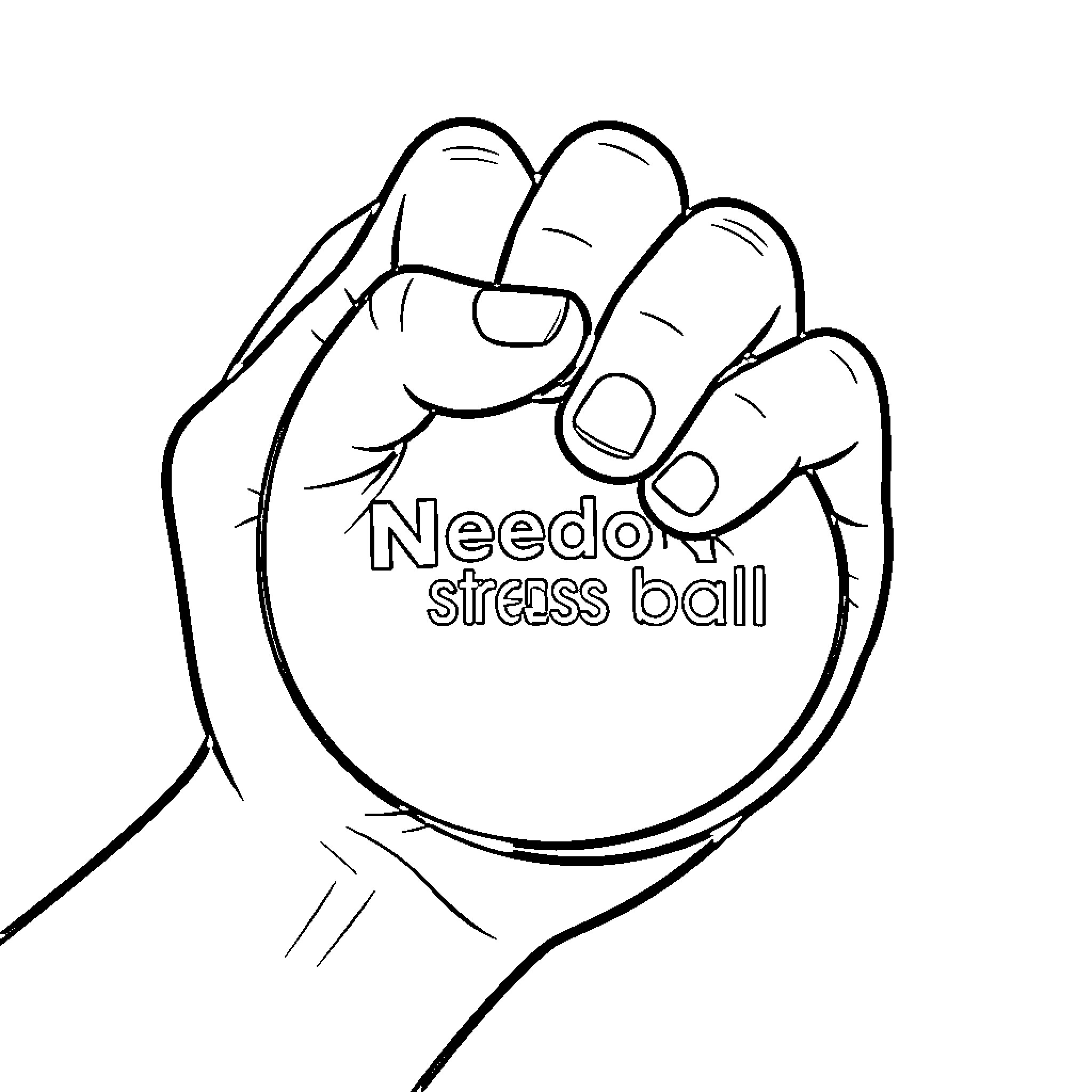 Needoh hand squeezing a round stress ball Coloring Page (free black-and-white line drawing printable PDF for all, from beginners to advanced learners, including children, teens, adults, and seniors)