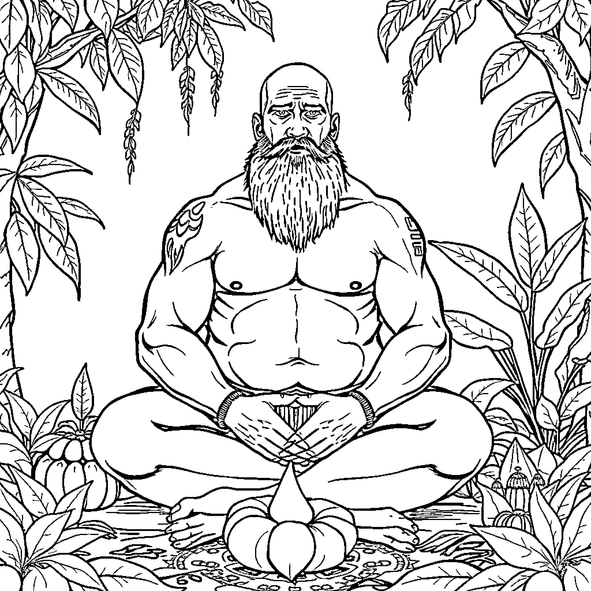 Man in peaceful meditation surrounded by nature Coloring Page (free black-and-white line drawing printable PDF for all, from beginners to advanced learners, including children, teens, adults, and seniors)
