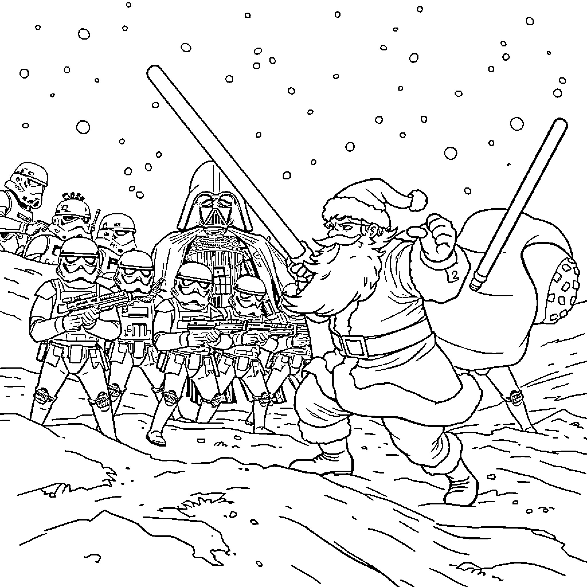 Santa Claus battles Imperial Stormtroopers in snowy scene Coloring Page (free black-and-white line drawing printable PDF for all, from beginners to advanced learners, including children, teens, adults, and seniors)