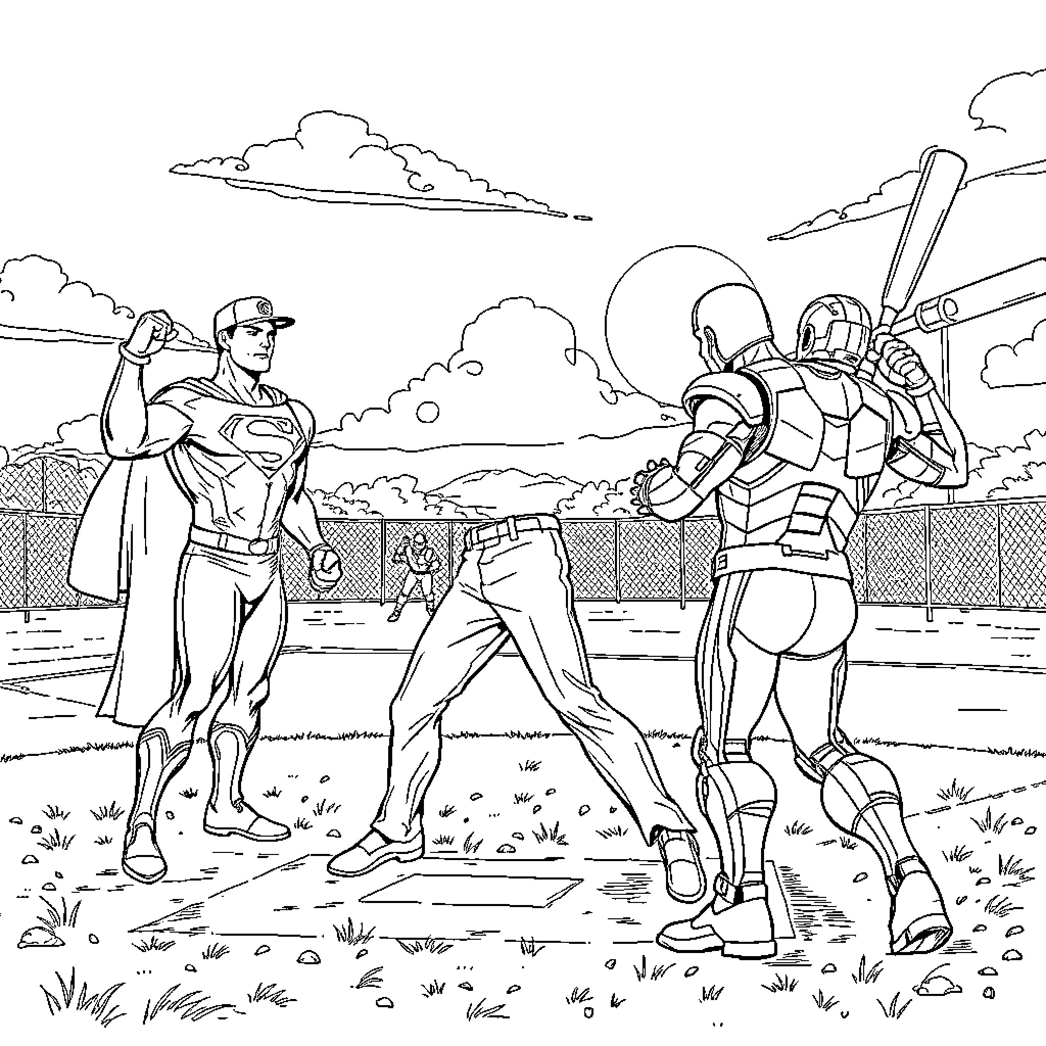 Justice League heroes in action-packed outdoor scene Coloring Page (free black-and-white line drawing printable PDF for all, from beginners to advanced learners, including children, teens, adults, and seniors)