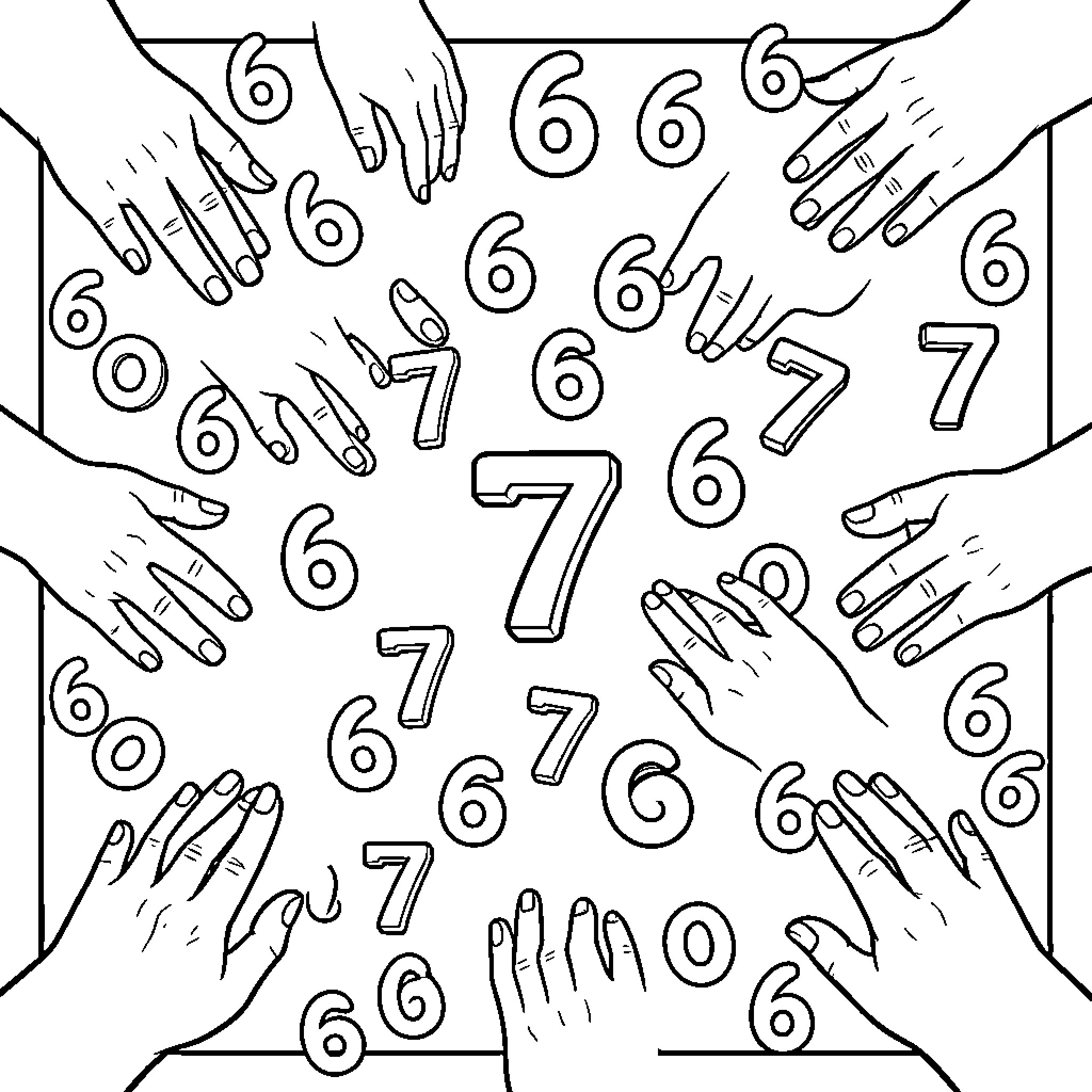 Hands reaching towards floating numbers in a pattern Coloring Page (free black-and-white line drawing printable PDF for all, from beginners to advanced learners, including children, teens, adults, and seniors)