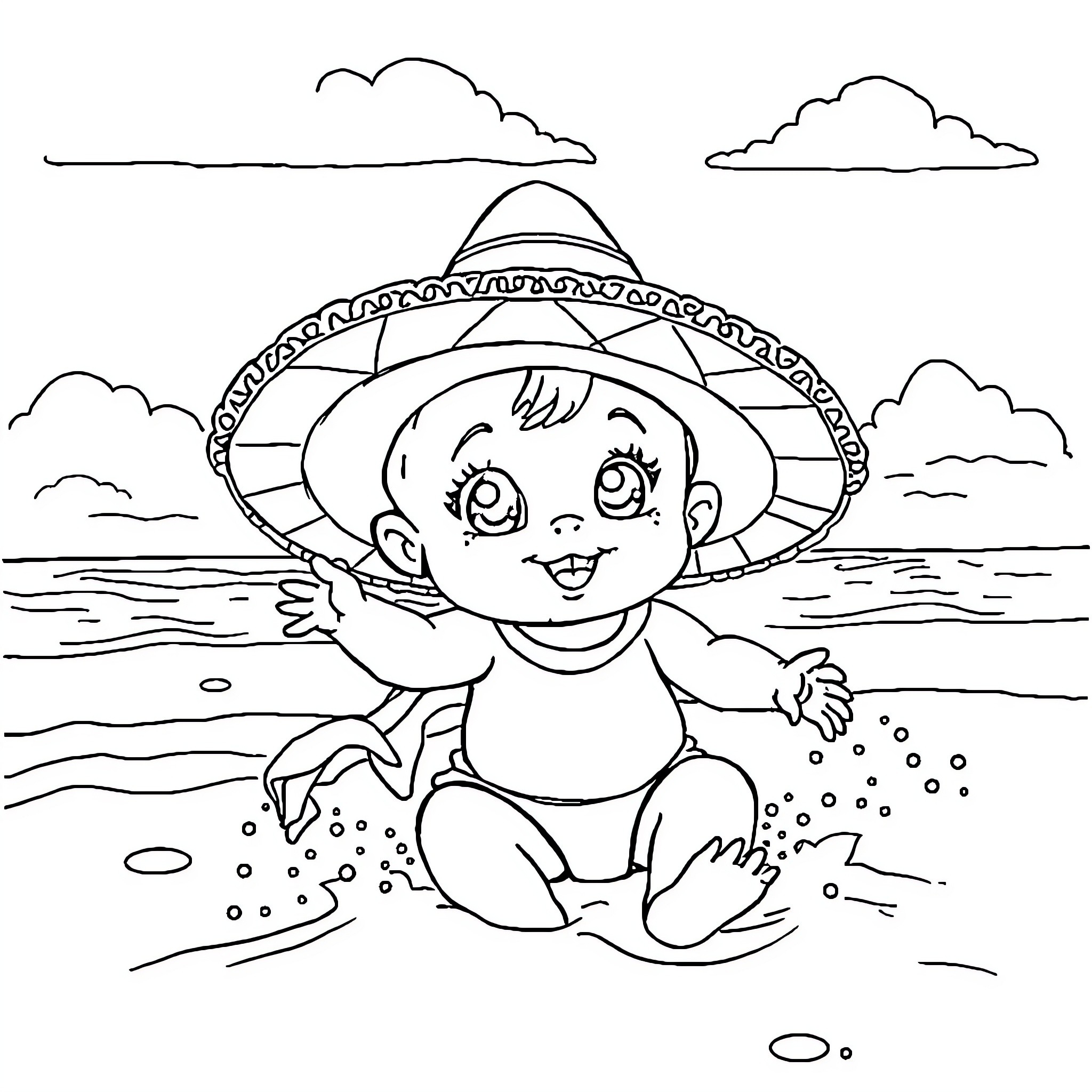 Bebe playing happily on the beach Coloring Page (free black-and-white line drawing printable PDF for all, from beginners to advanced learners, including children, teens, adults, and seniors)