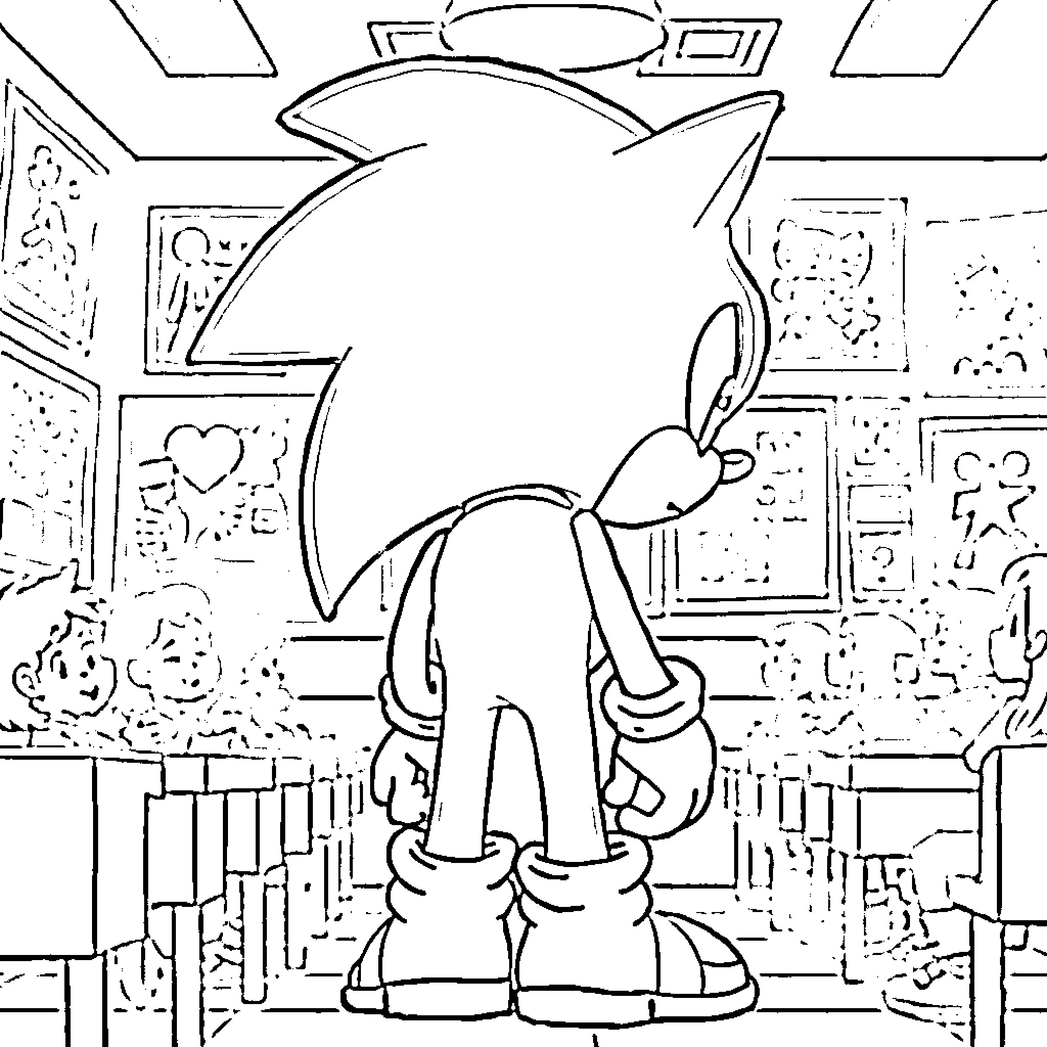 Sonic character exploring a detailed indoor scene Coloring Page (free black-and-white line drawing printable PDF for all, from beginners to advanced learners, including children, teens, adults, and seniors)