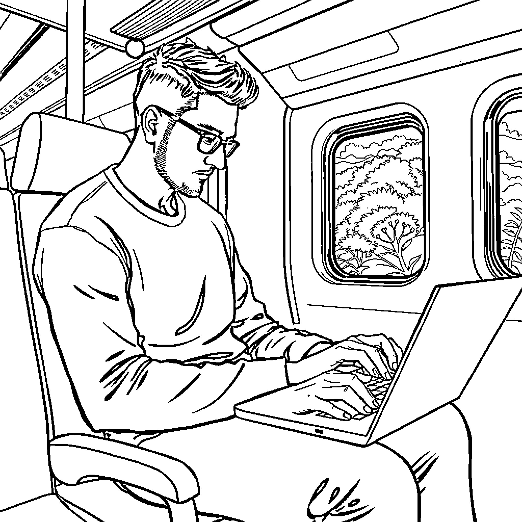 Man working on laptop on public transit Coloring Page (free black-and-white line drawing printable PDF for all, from beginners to advanced learners, including children, teens, adults, and seniors)