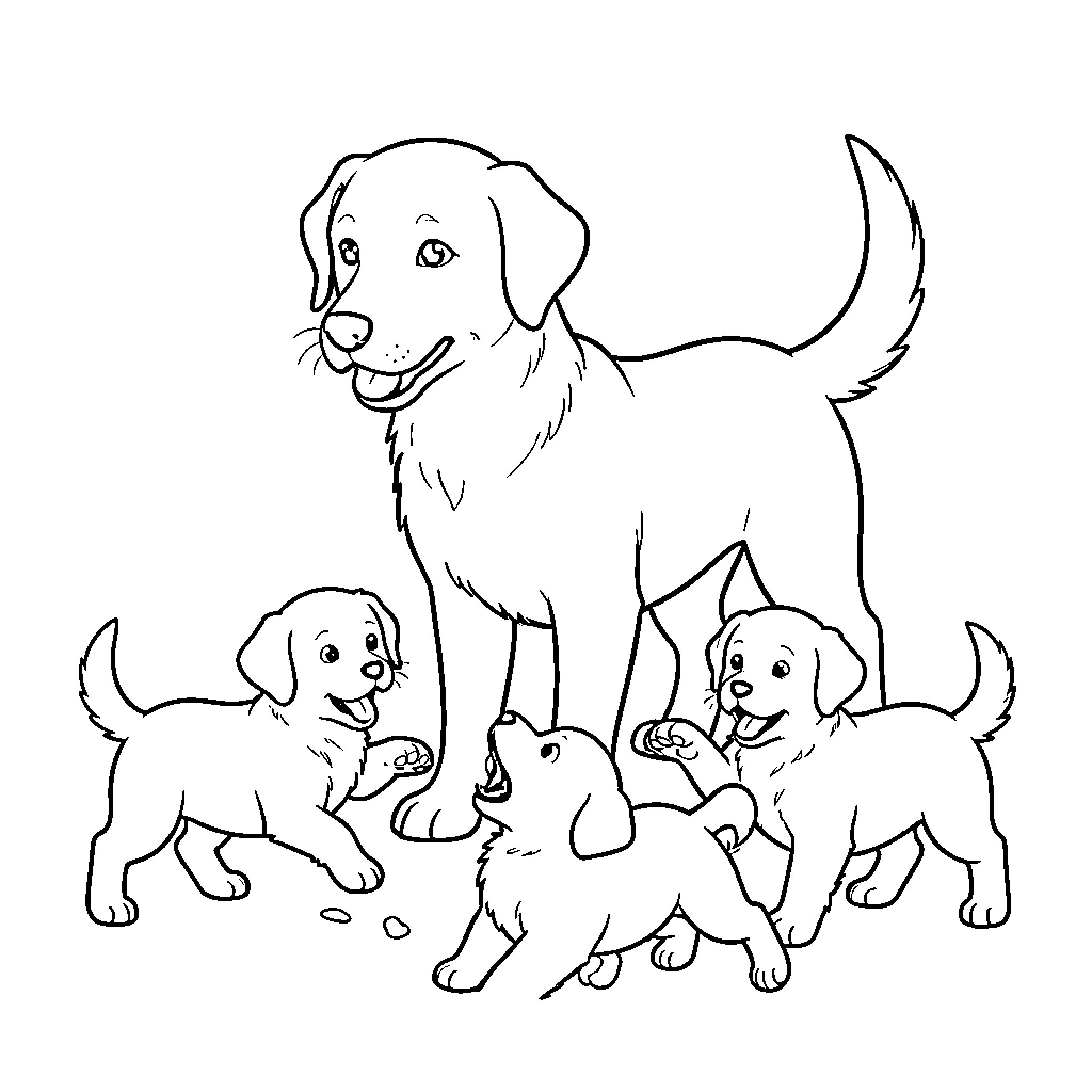 Dog standing joyfully with three playful puppies Coloring Page (free black-and-white line drawing printable PDF for all, from beginners to advanced learners, including children, teens, adults, and seniors)
