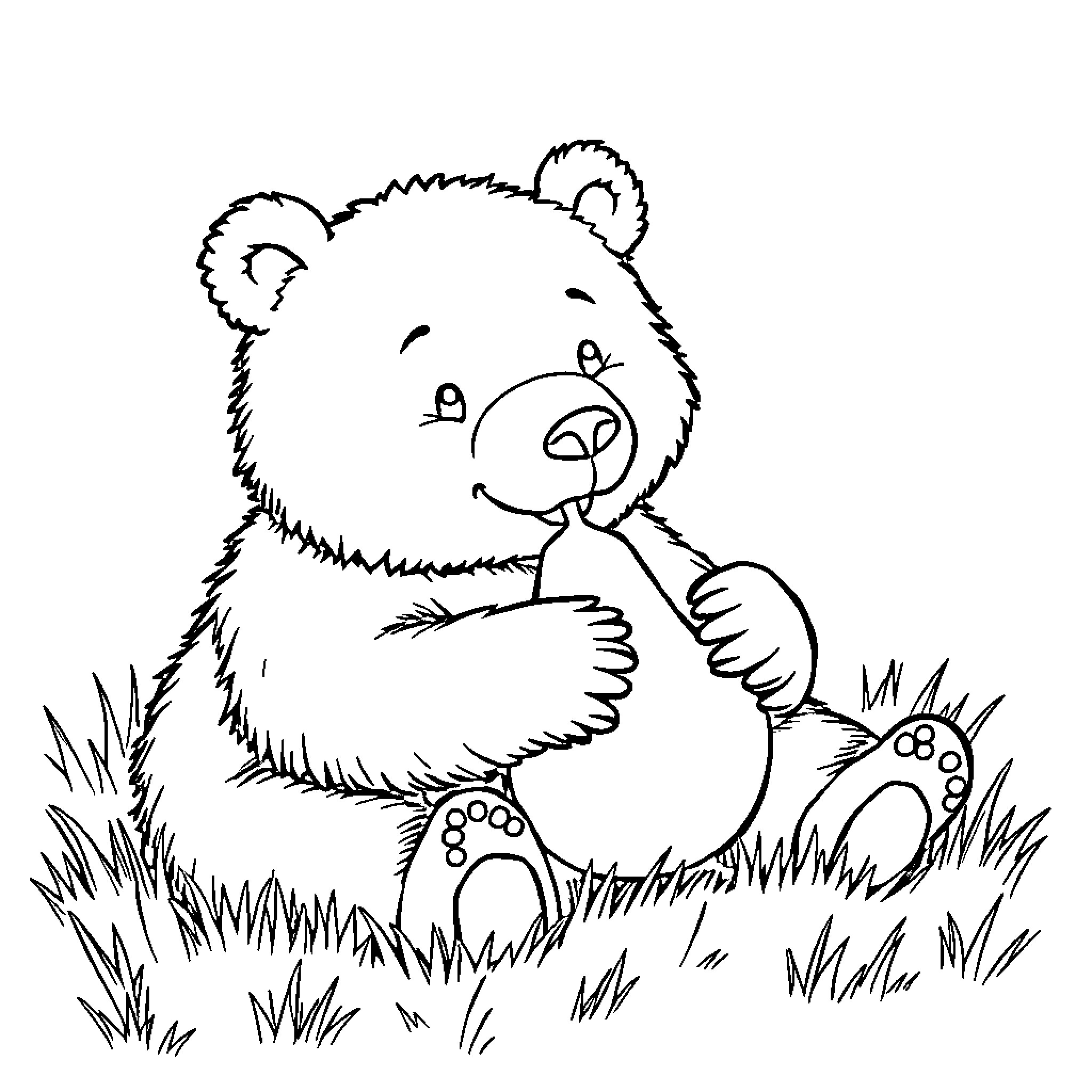 Bear resting peacefully in the grass Coloring Page (free black-and-white line drawing printable PDF for all, from beginners to advanced learners, including children, teens, adults, and seniors)