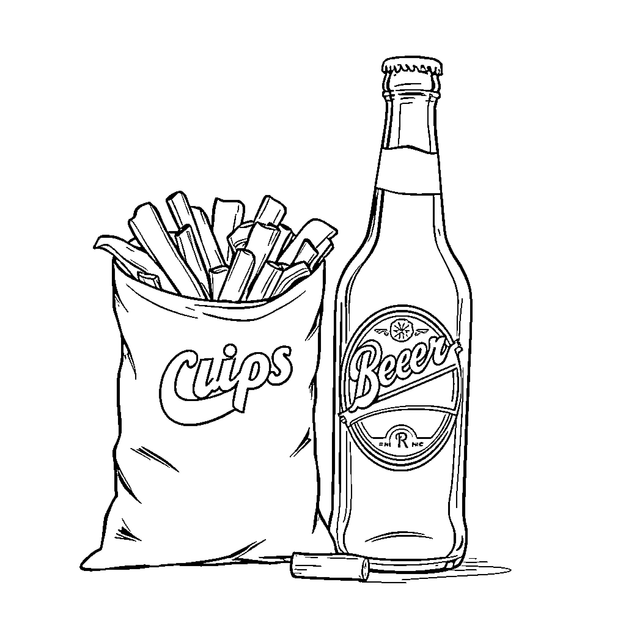 Chips and beer enjoyment Coloring Page (free black-and-white line drawing printable PDF for all, from beginners to advanced learners, including children, teens, adults, and seniors)