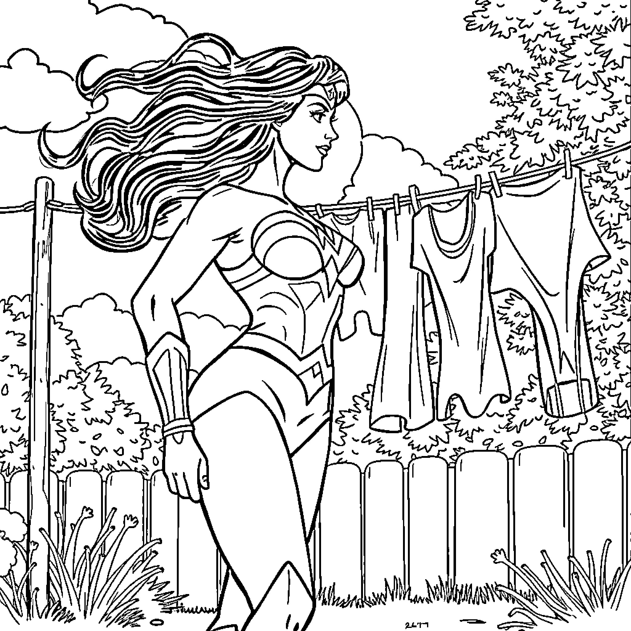 Wonder Woman hanging clothes in the backyard Coloring Page (free black-and-white line drawing printable PDF for all, from beginners to advanced learners, including children, teens, adults, and seniors)