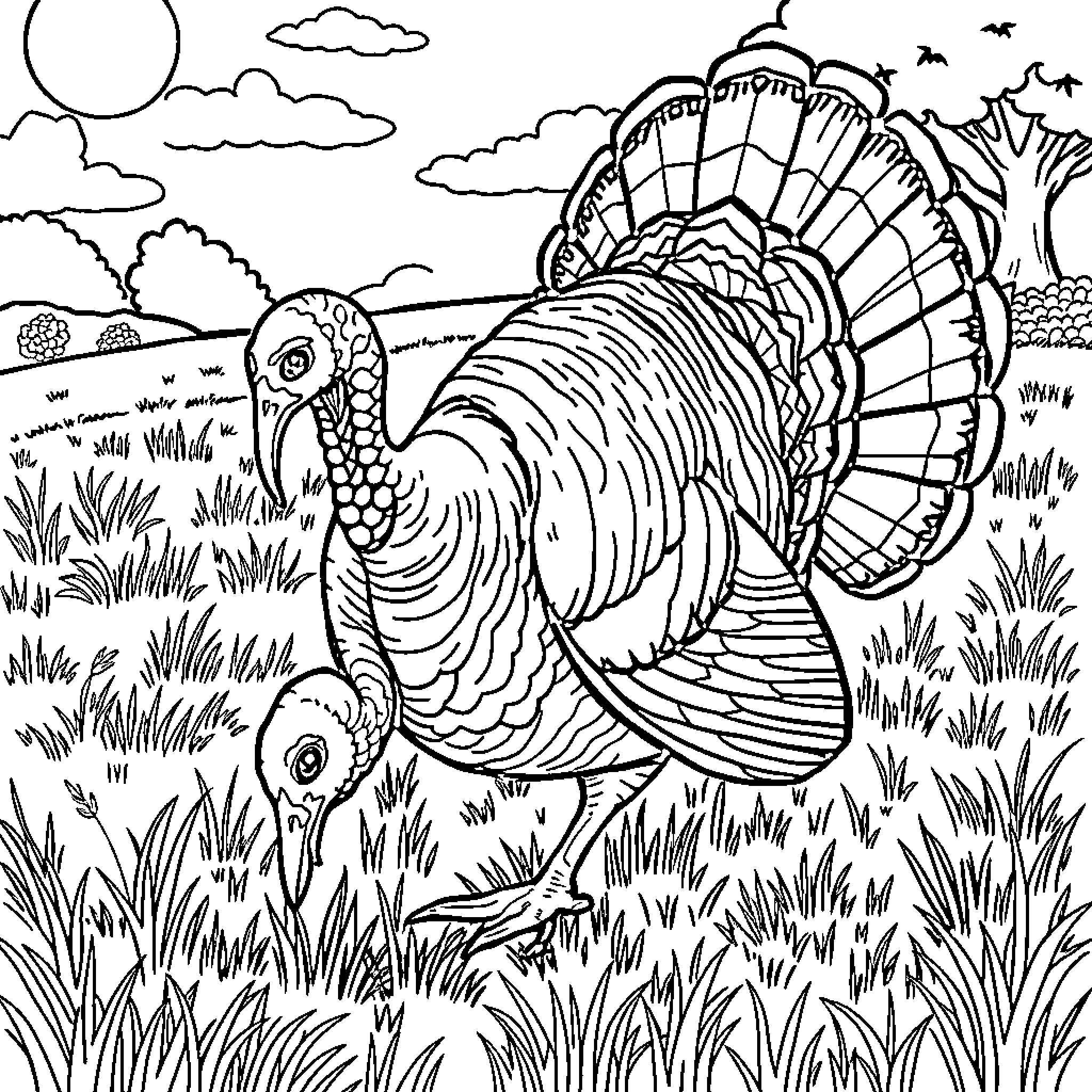 Turkey strutting in the countryside with chicks Coloring Page (free black-and-white line drawing printable PDF for all, from beginners to advanced learners, including children, teens, adults, and seniors)