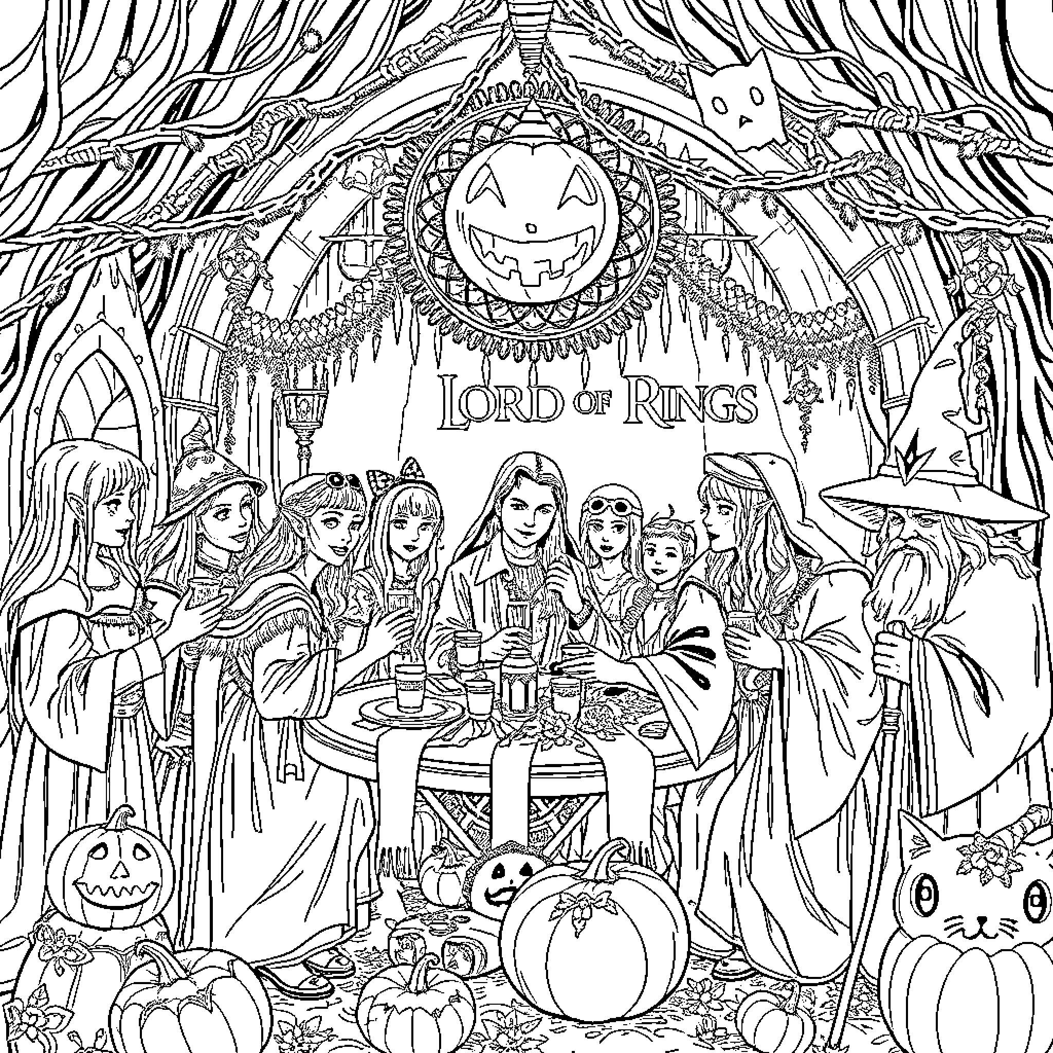 Lord of the Rings: Gathering of Hobbits and Elves at a Festive Feast Coloring Page (free black-and-white line drawing printable PDF for all, from beginners to advanced learners, including children, teens, adults, and seniors)