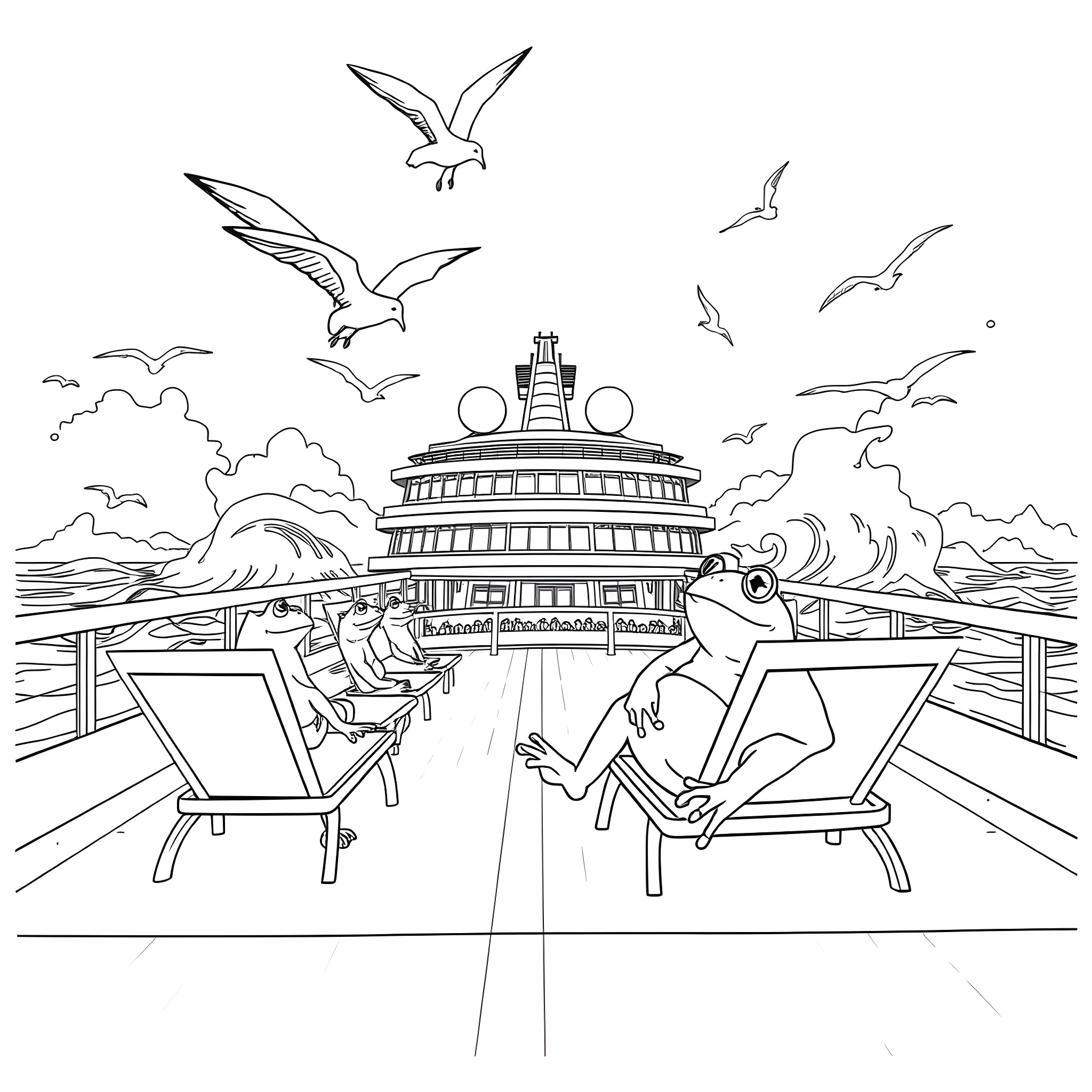 Frog relaxing on a cruise ship deck Coloring Page (free black-and-white line drawing printable PDF for all, from beginners to advanced learners, including children, teens, adults, and seniors)