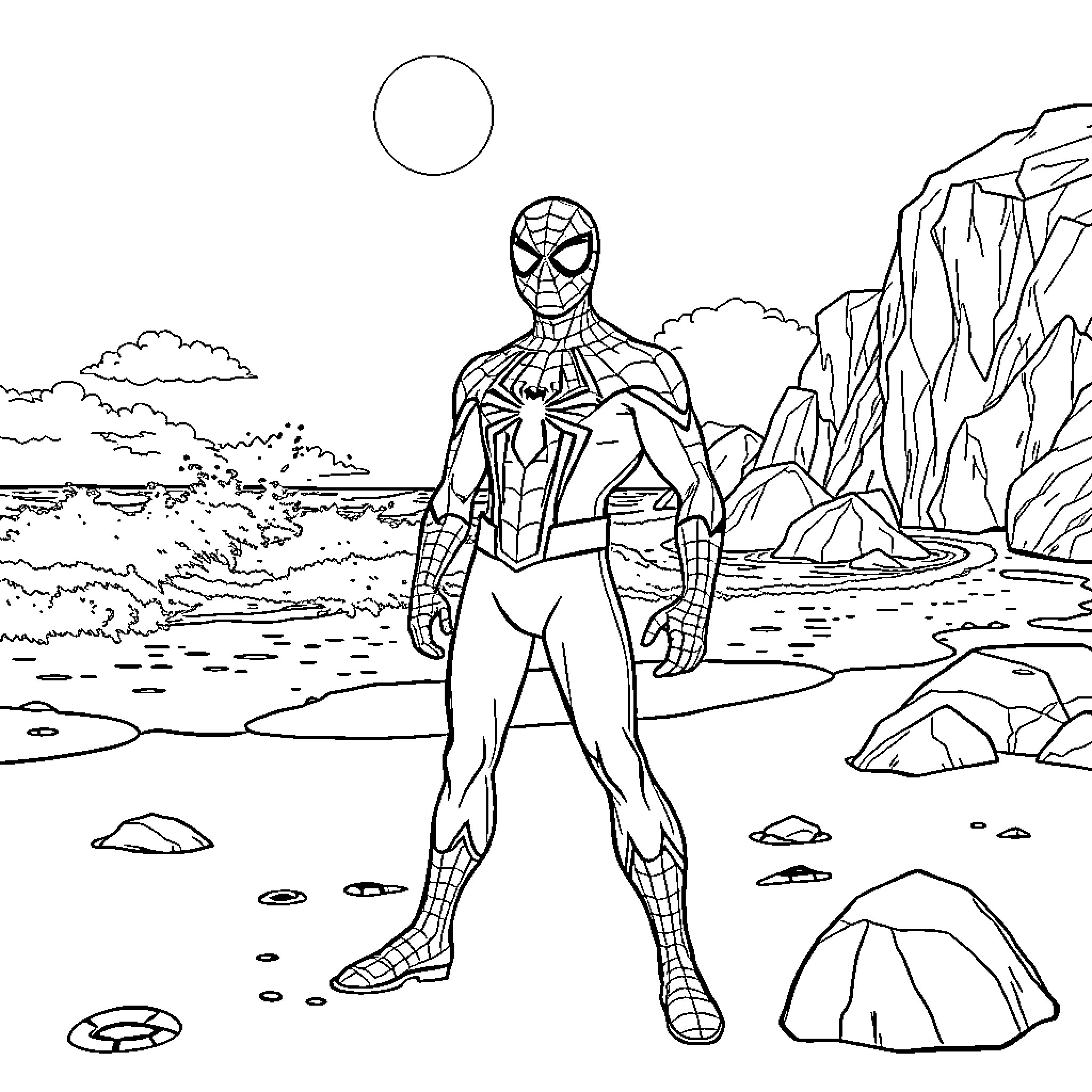 Spiderman's heroic stance in a rugged landscape Coloring Page (free black-and-white line drawing printable PDF for all, from beginners to advanced learners, including children, teens, adults, and seniors)