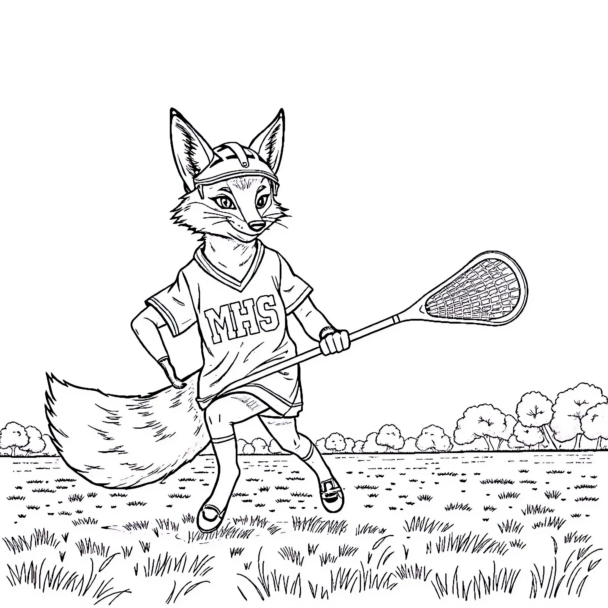 Fox playing lacrosse on the field Coloring Page (free black-and-white line drawing printable PDF for all, from beginners to advanced learners, including children, teens, adults, and seniors)